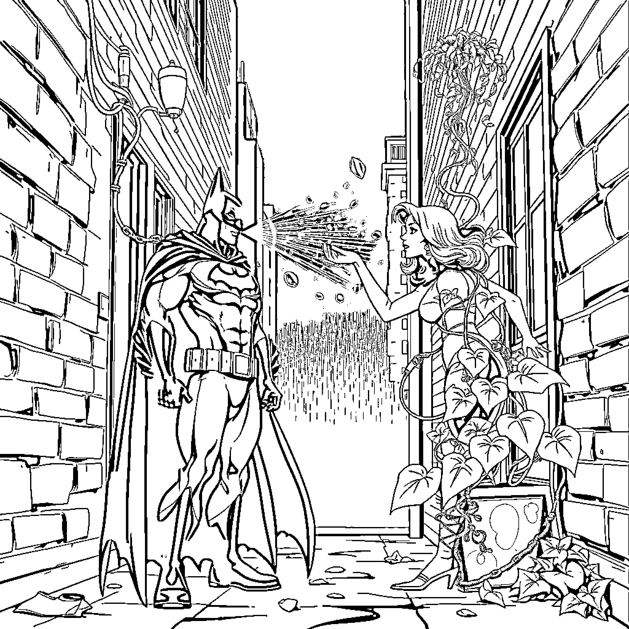 Batman confronting a villain in a dark alley Coloring Page (free black-and-white line drawing printable PDF for all, from beginners to advanced learners, including children, teens, adults, and seniors)