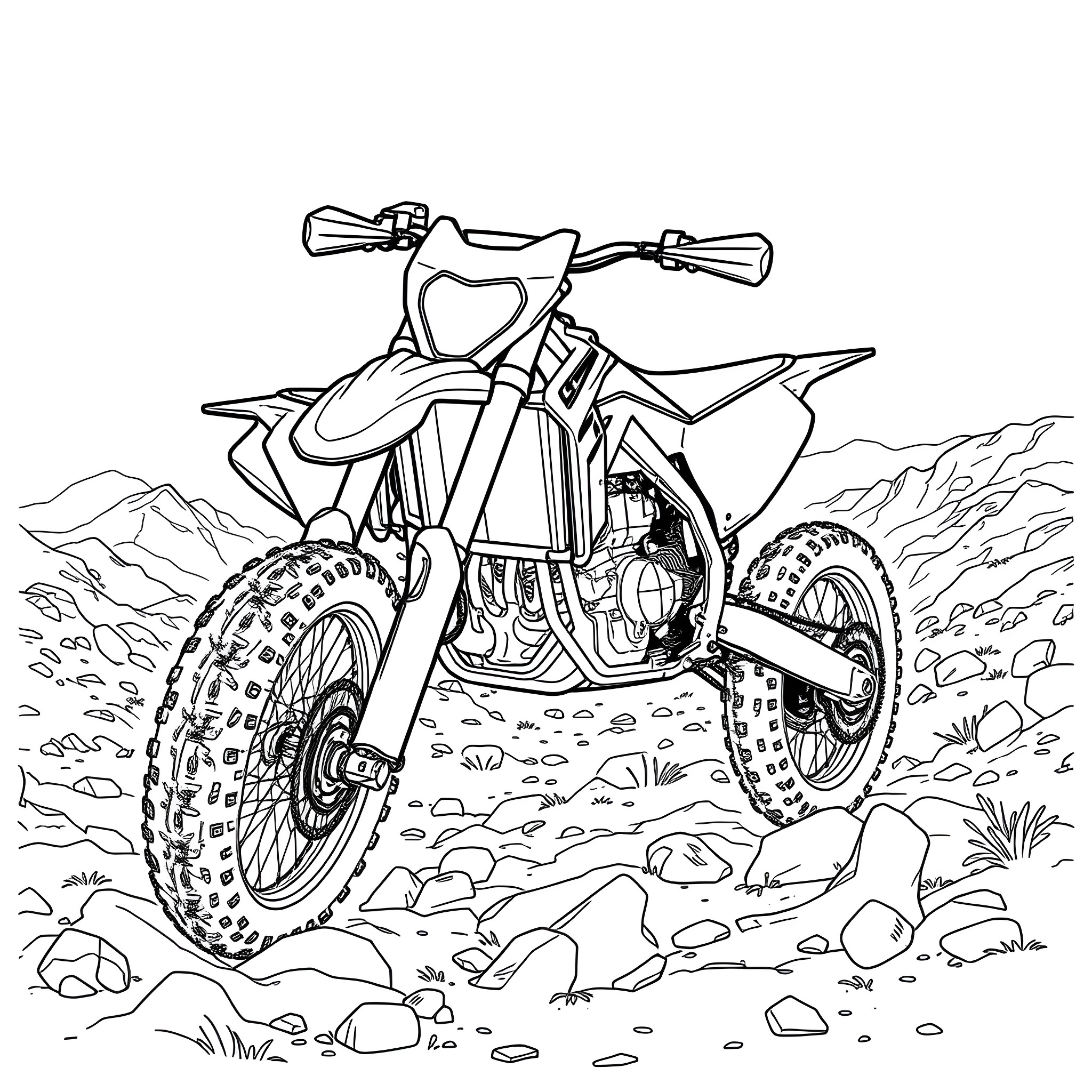 Yamaha Motocross Bike Riding Through Rugged Terrain Coloring Page (free black-and-white line drawing printable PDF for all, from beginners to advanced learners, including children, teens, adults, and seniors)