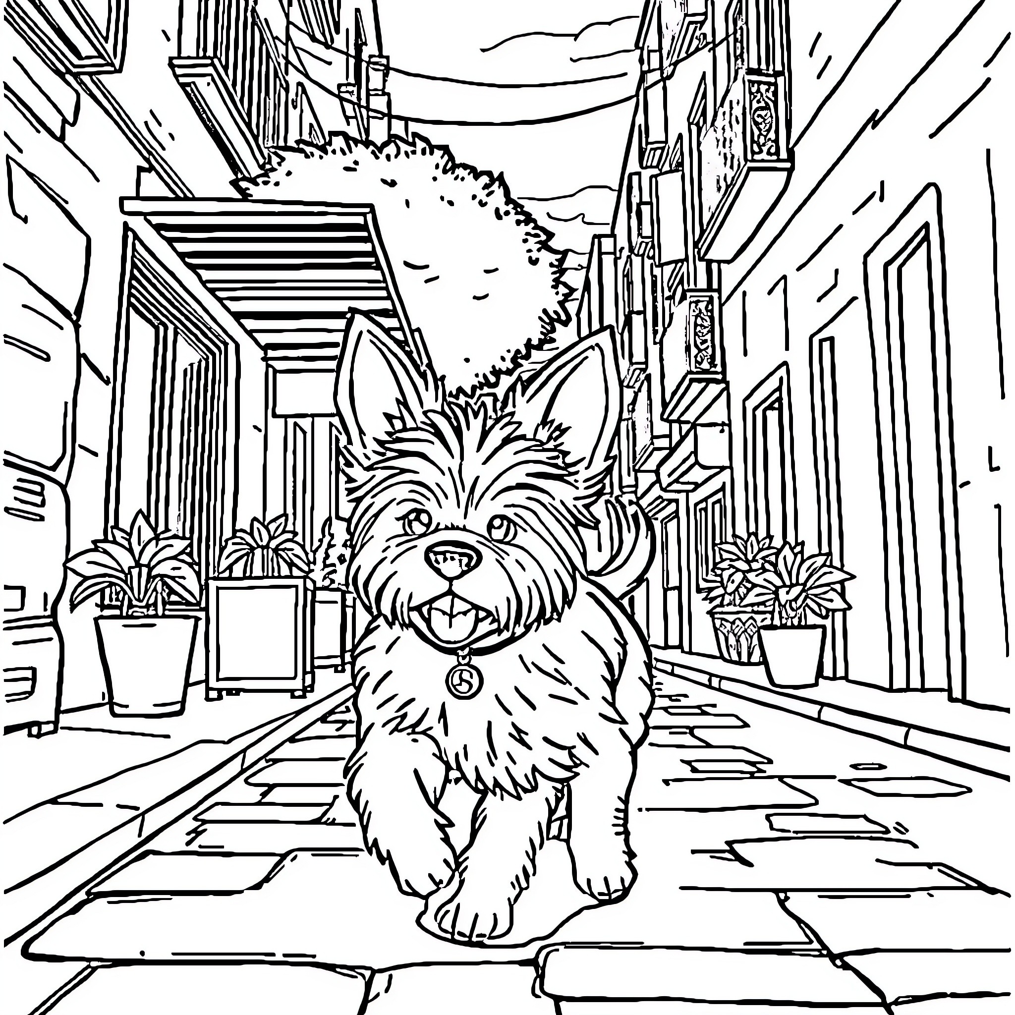 Puppy exploring a quaint city street Coloring Page (free black-and-white line drawing printable PDF for all, from beginners to advanced learners, including children, teens, adults, and seniors)