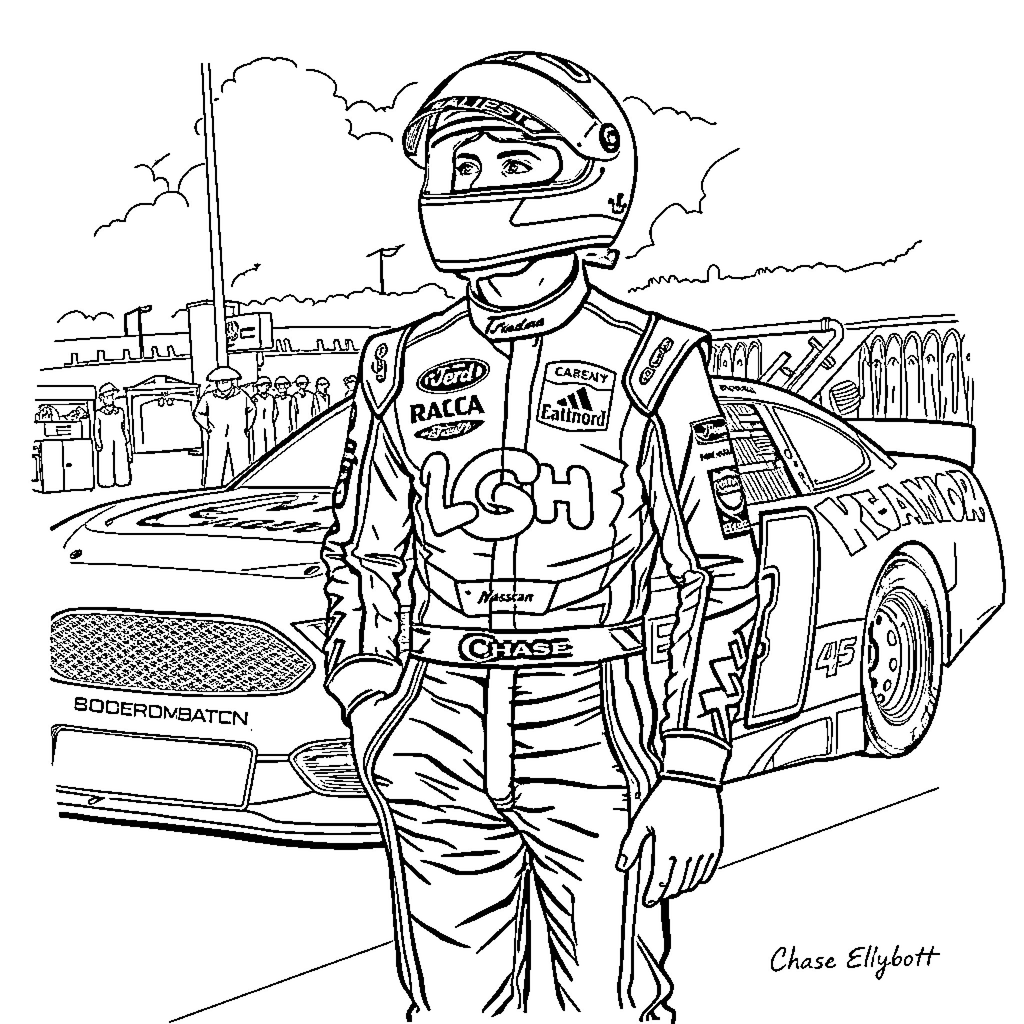 Chase Elliott's Race Car and Racecar Driver in Action Coloring Page (free black-and-white line drawing printable PDF for all, from beginners to advanced learners, including children, teens, adults, and seniors)