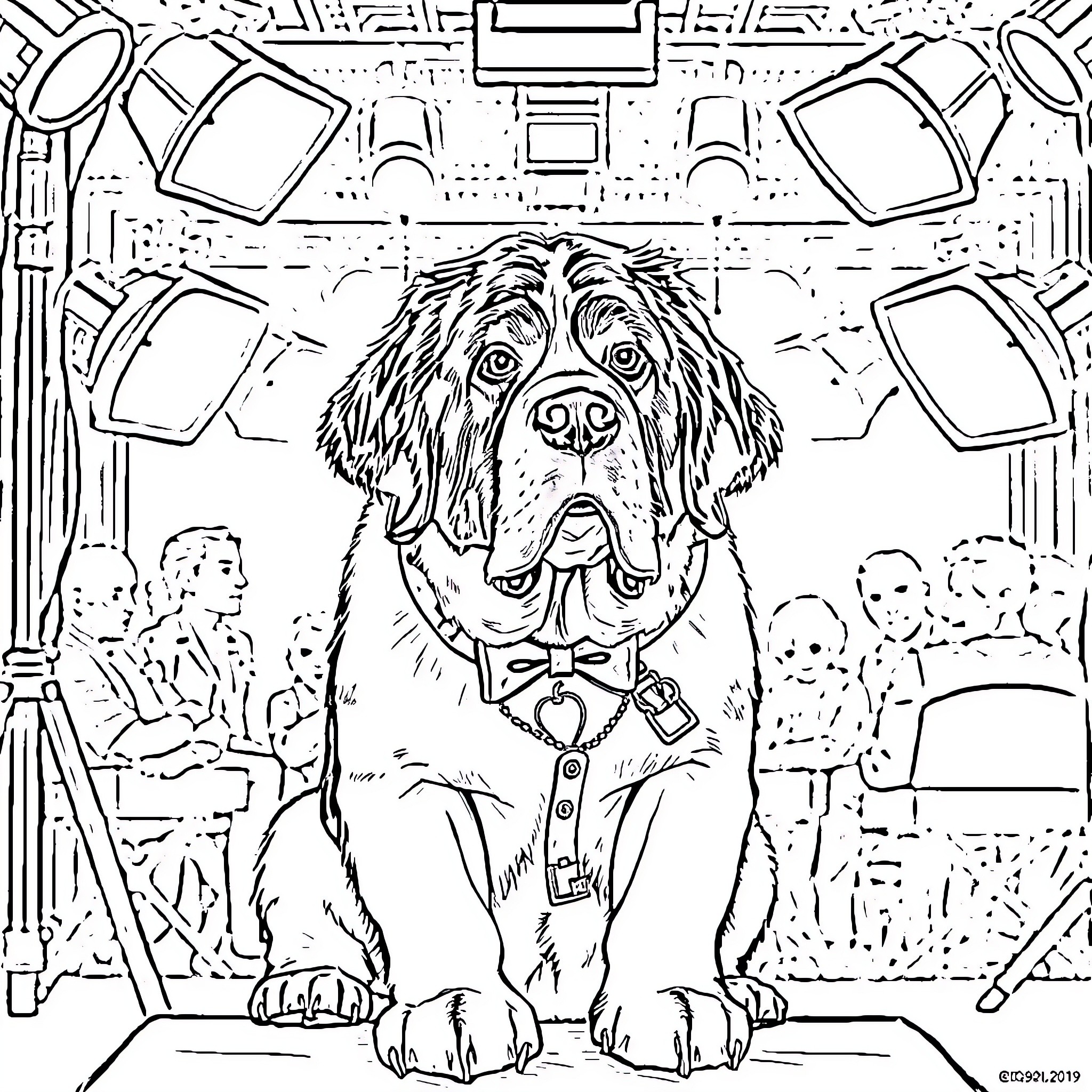 St. Bernard dog in suit working as assistant Coloring Page (free black-and-white line drawing printable PDF for all, from beginners to advanced learners, including children, teens, adults, and seniors)
