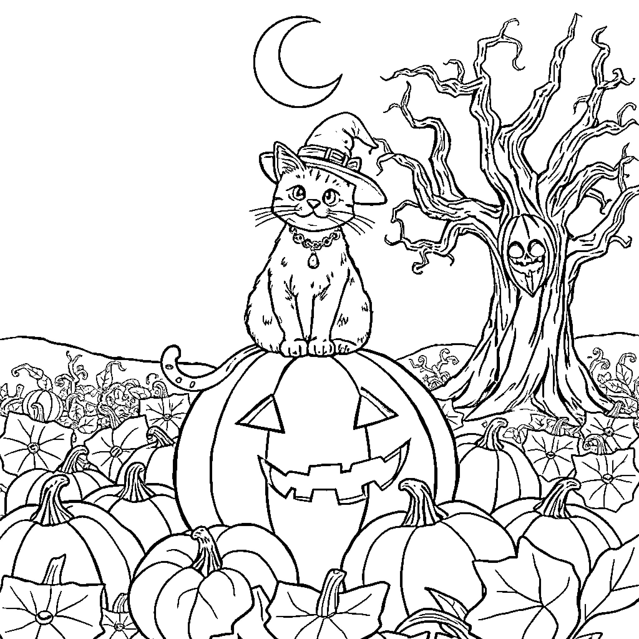 Cat in Halloween costume sitting on pumpkin Coloring Page (free black-and-white line drawing printable PDF for all, from beginners to advanced learners, including children, teens, adults, and seniors)