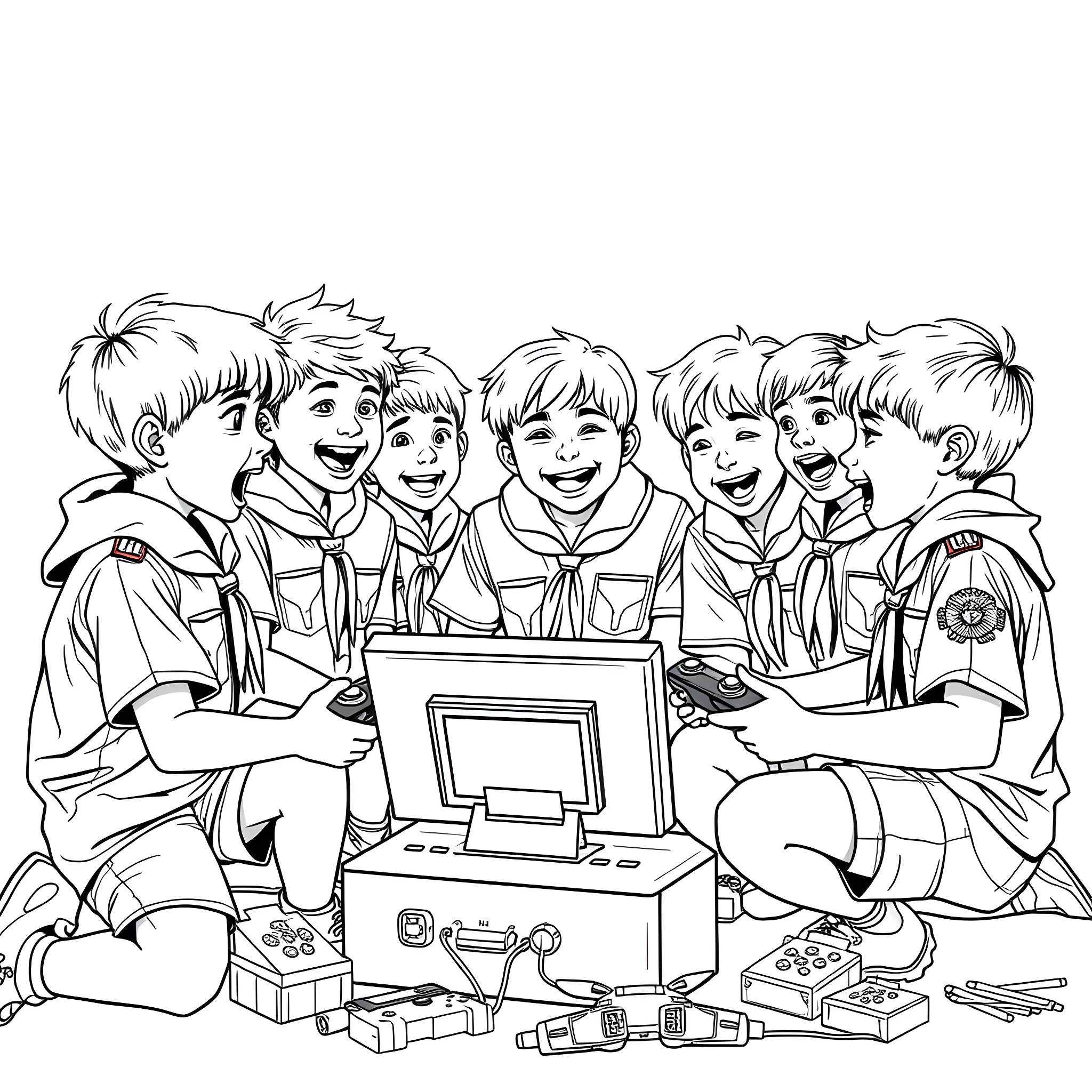 Cub Scouts enjoying technology and gaming Coloring Page (free black-and-white line drawing printable PDF for all, from beginners to advanced learners, including children, teens, adults, and seniors)