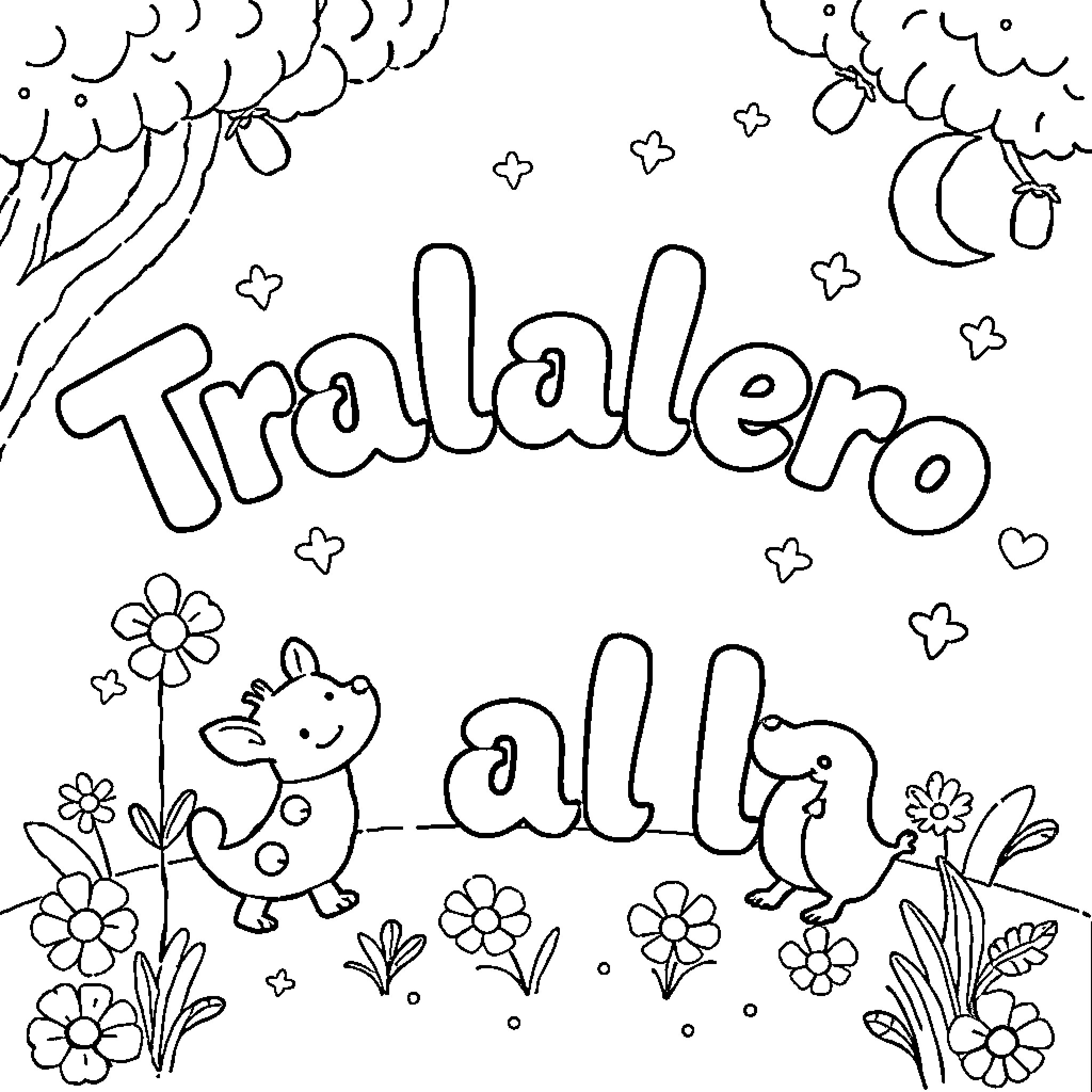 Tralalero happy animals playing in flowers Coloring Page (free black-and-white line drawing printable PDF for all, from beginners to advanced learners, including children, teens, adults, and seniors)