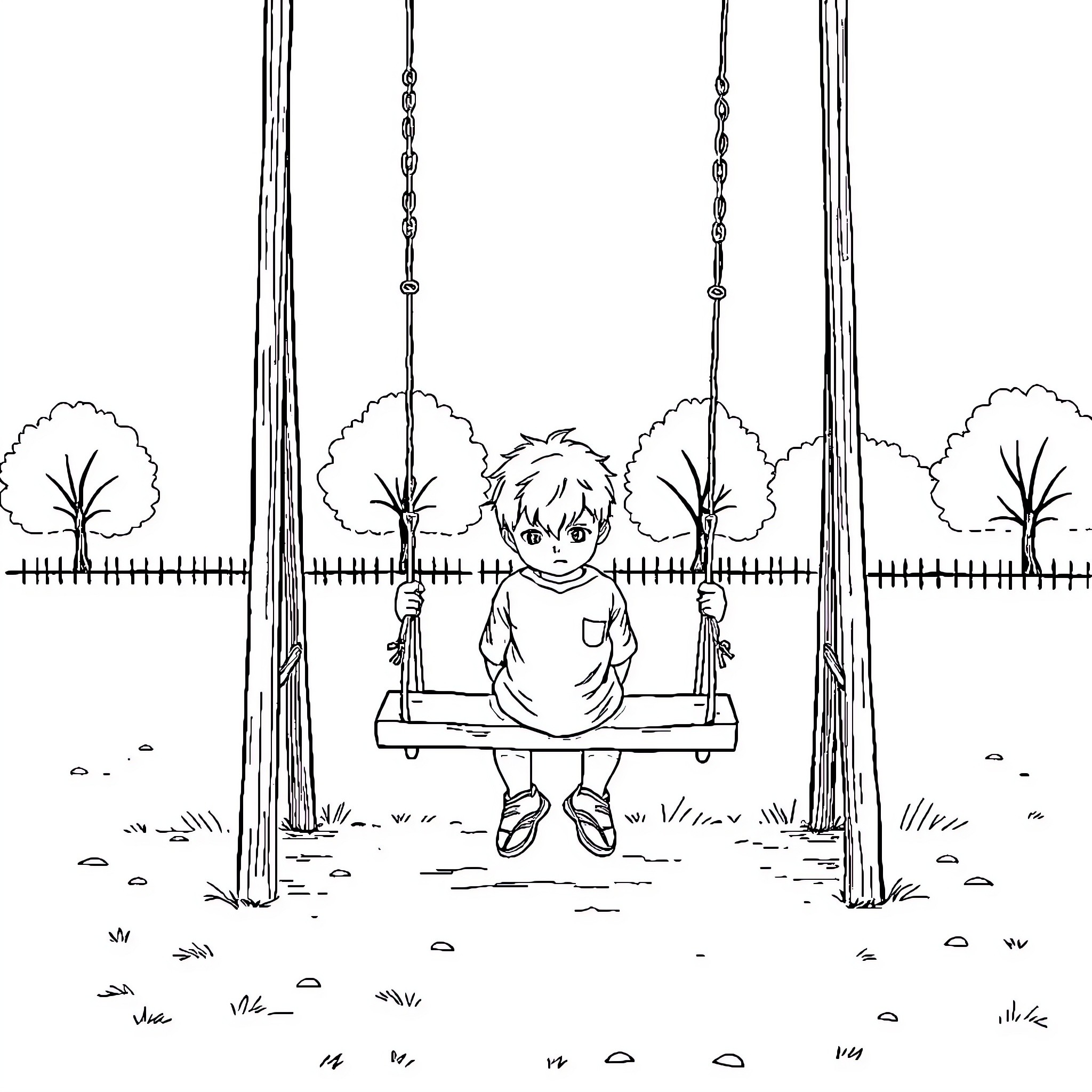 Boy enjoying a swing in a peaceful park Coloring Page (free black-and-white line drawing printable PDF for all, from beginners to advanced learners, including children, teens, adults, and seniors)