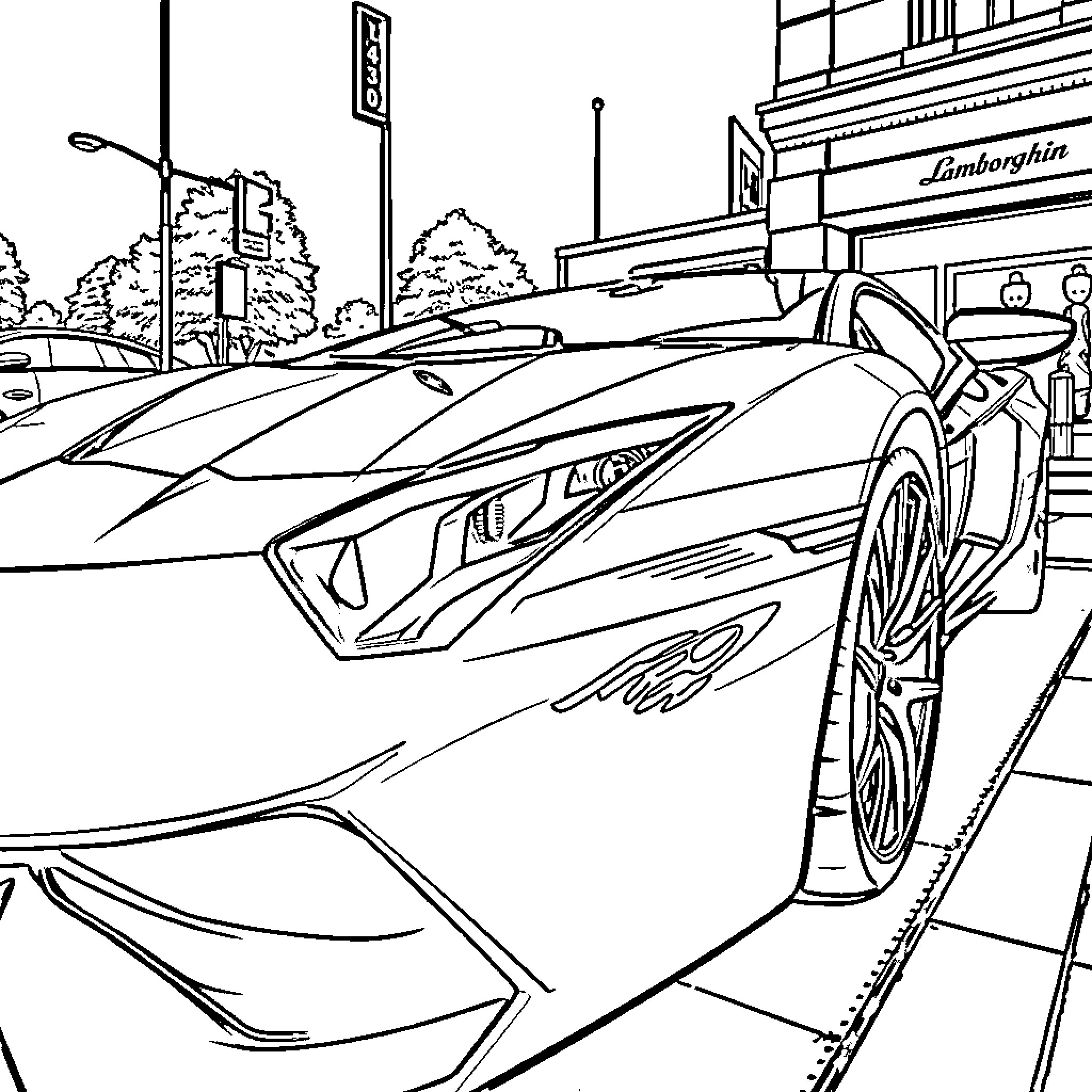 Lamborghini sports car on display in city street Coloring Page (free black-and-white line drawing printable PDF for all, from beginners to advanced learners, including children, teens, adults, and seniors)