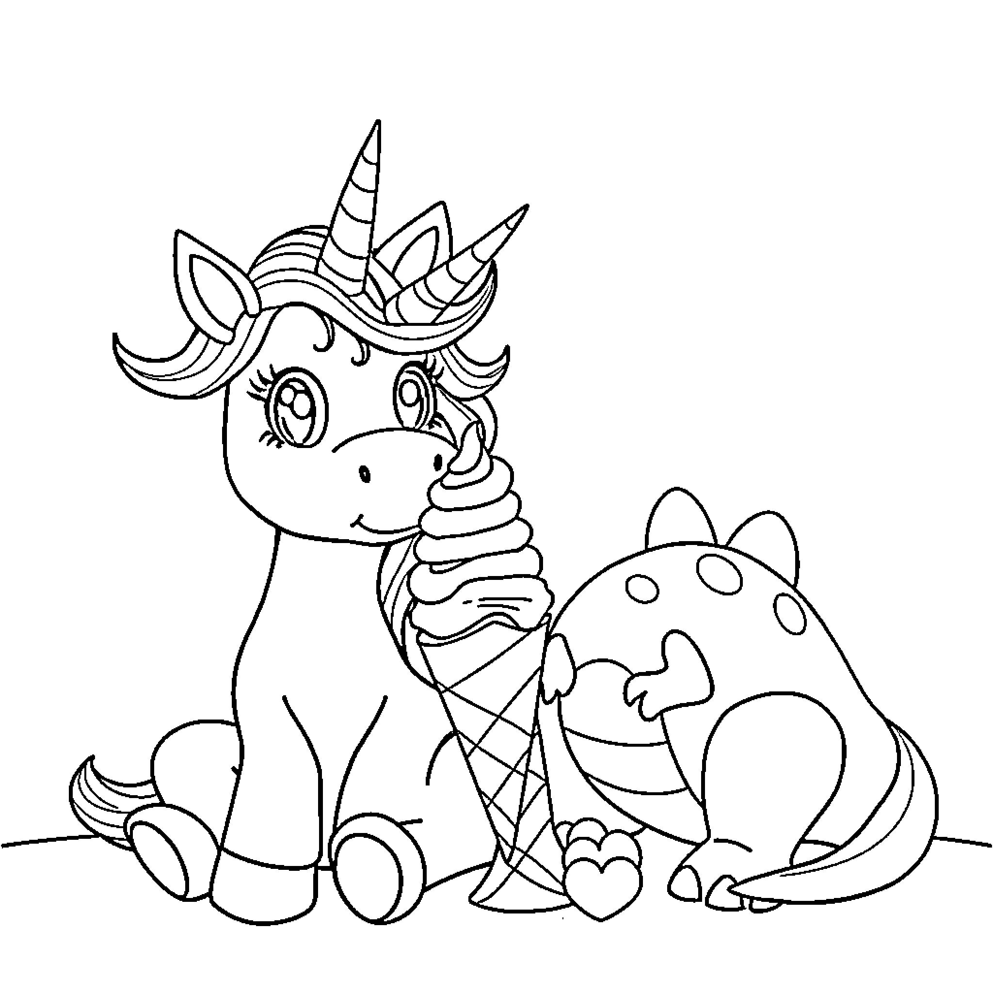 Unicorn enjoying an ice cream treat with a friendly companion Coloring Page (free black-and-white line drawing printable PDF for all, from beginners to advanced learners, including children, teens, adults, and seniors)