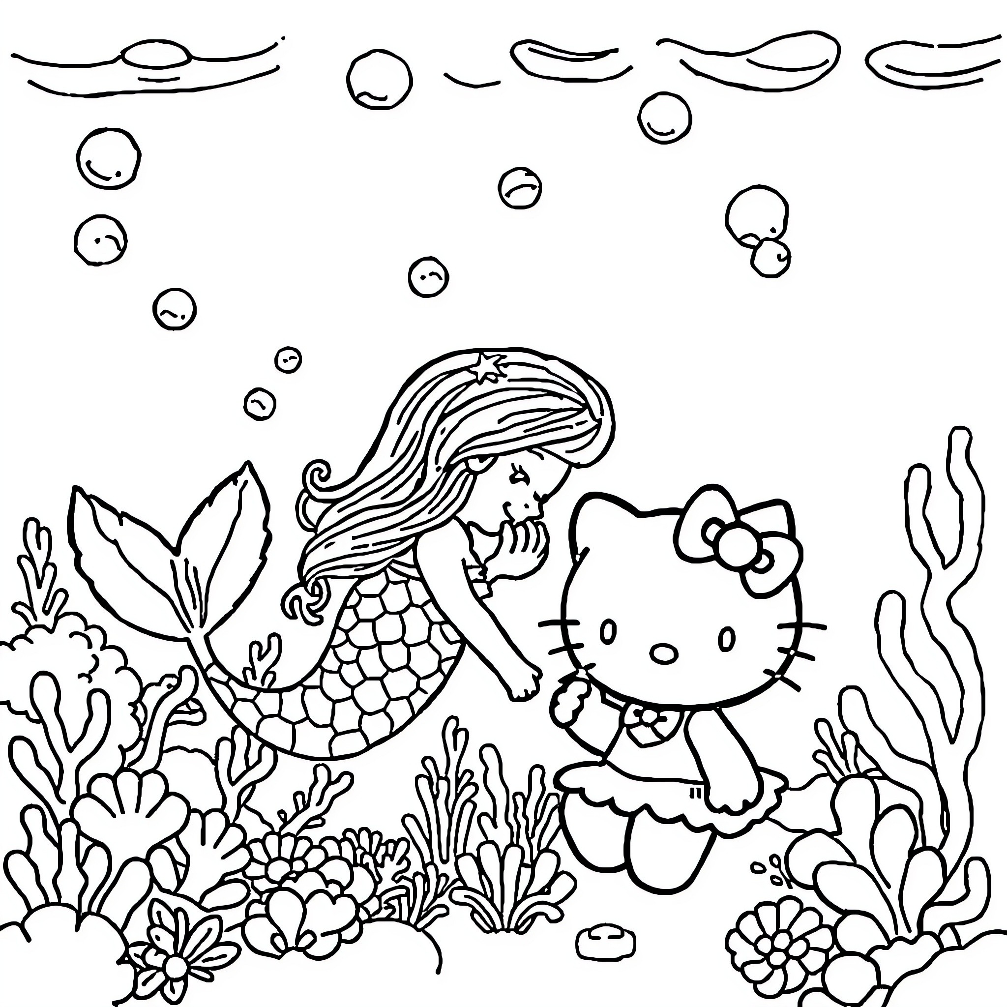 Hello Kitty playing with mermaid in underwater coral reef Coloring Page (free black-and-white line drawing printable PDF for all, from beginners to advanced learners, including children, teens, adults, and seniors)