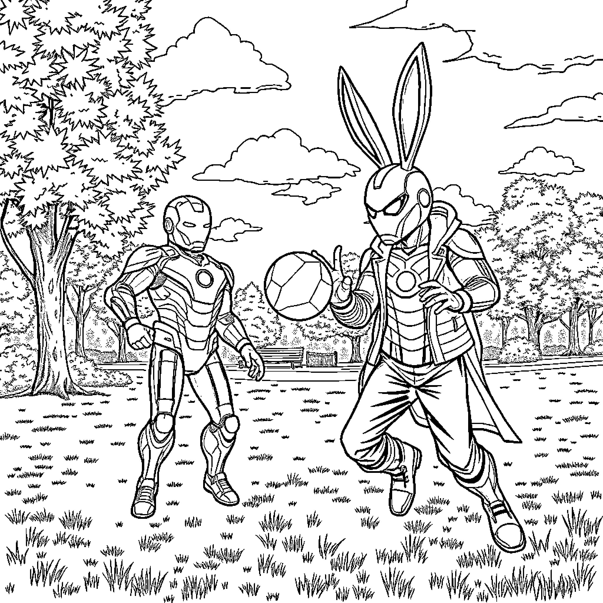 Iron Man and Armored Bunny Encounter in a Lush Outdoor Setting Coloring Page (free black-and-white line drawing printable PDF for all, from beginners to advanced learners, including children, teens, adults, and seniors)