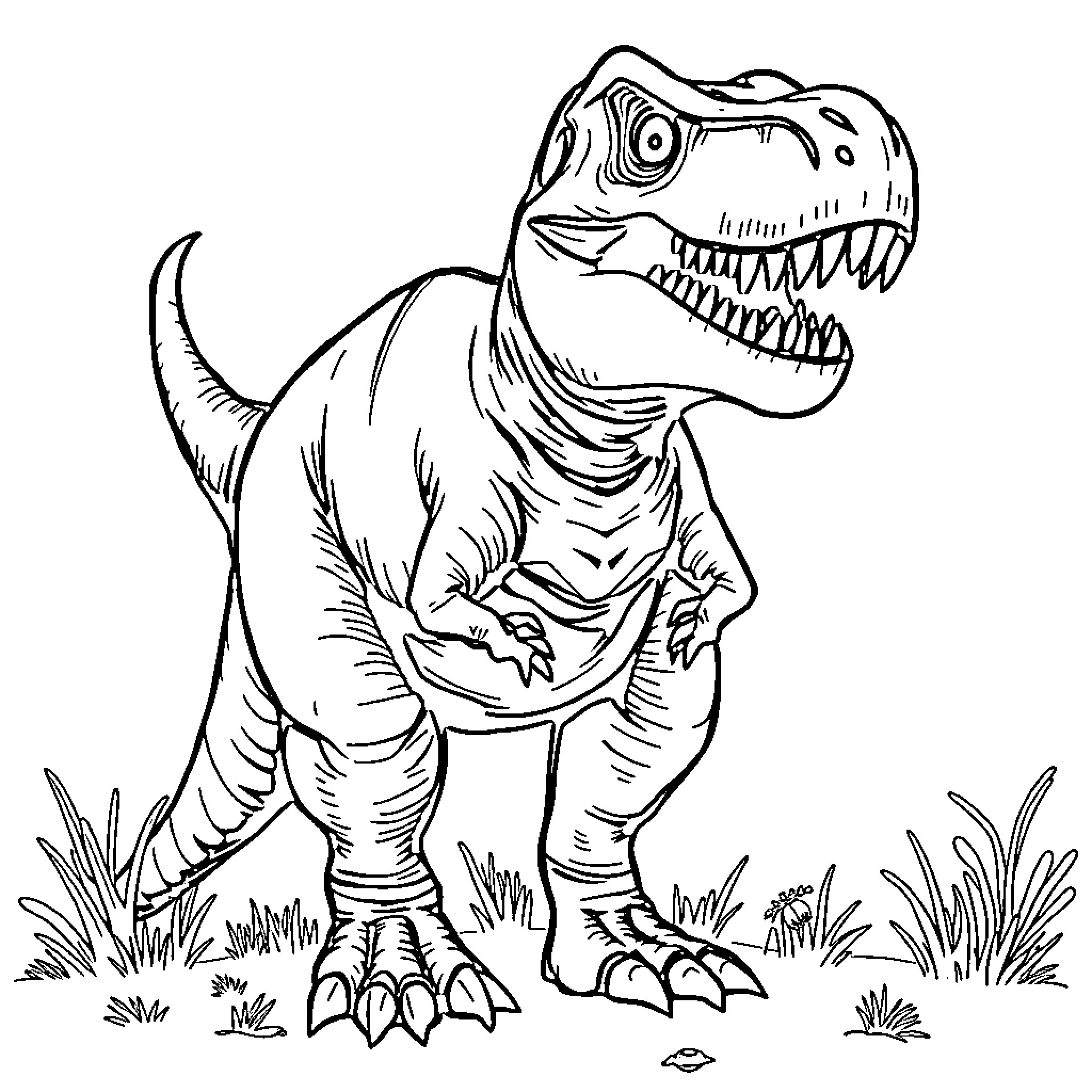 T-Rex roaring in a wild environment Coloring Page (free black-and-white line drawing printable PDF for all, from beginners to advanced learners, including children, teens, adults, and seniors)