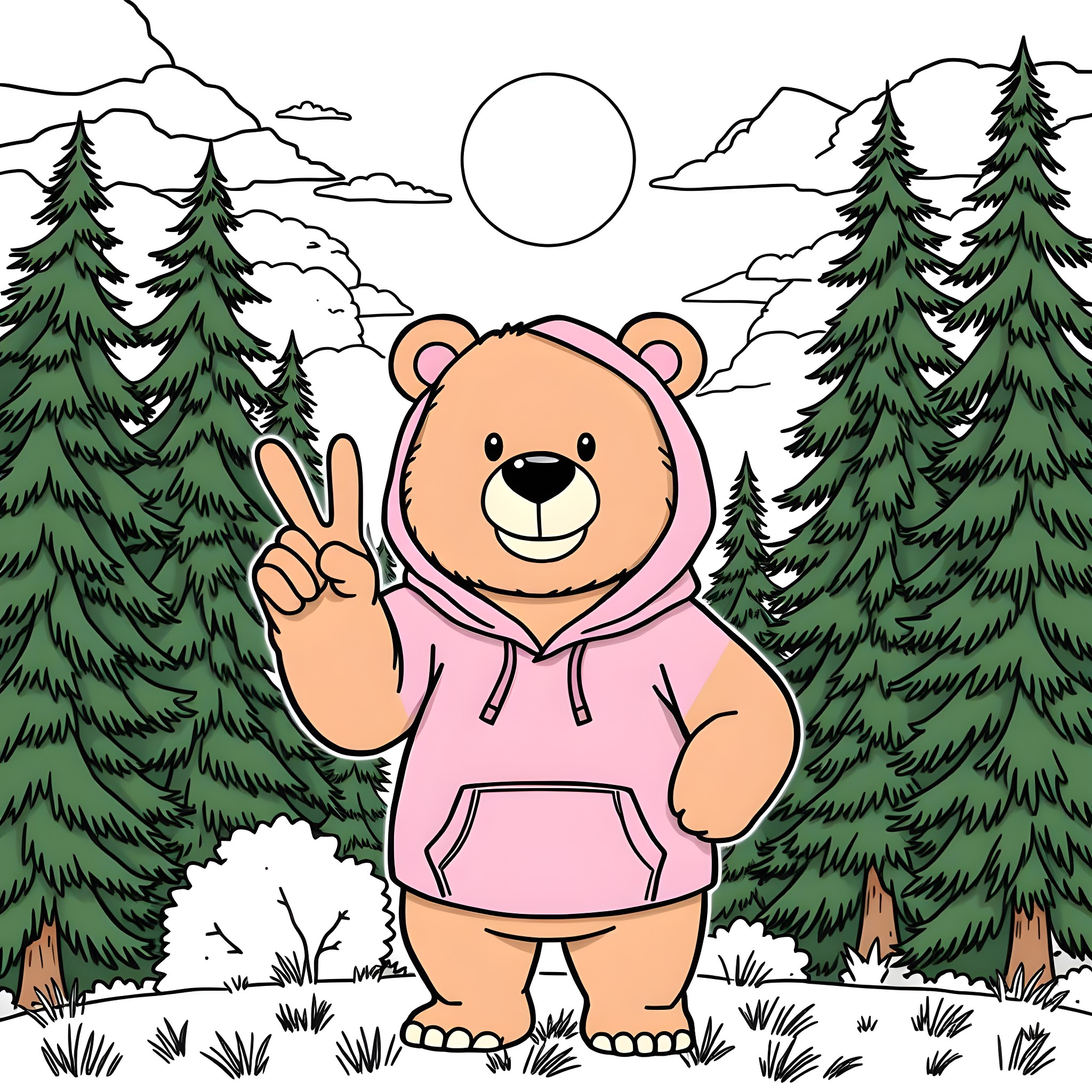Bear wearing a hoodie in the snowy forest Coloring Page (free black-and-white line drawing printable PDF for all, from beginners to advanced learners, including children, teens, adults, and seniors)