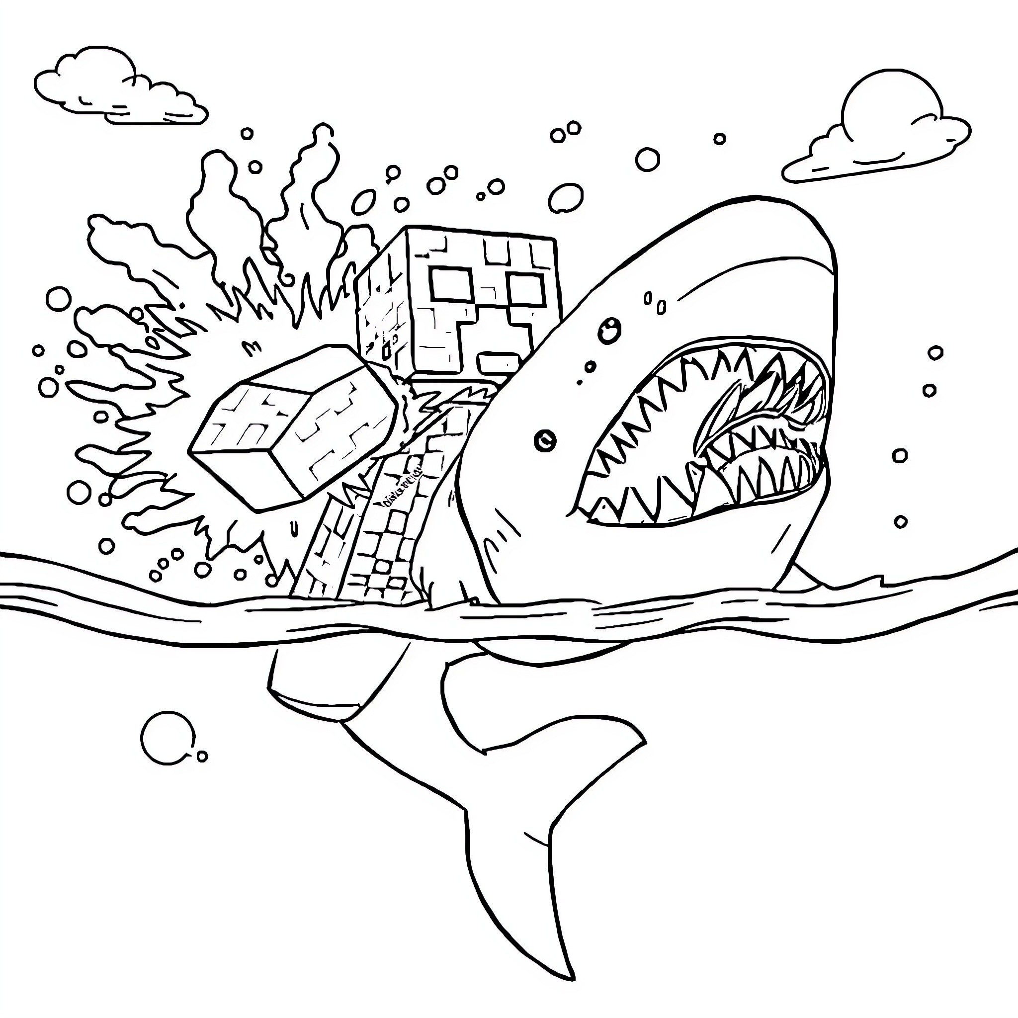 Creeper Shark Attacking Geometric Blocks in Ocean Coloring Page (free black-and-white line drawing printable PDF for all, from beginners to advanced learners, including children, teens, adults, and seniors)