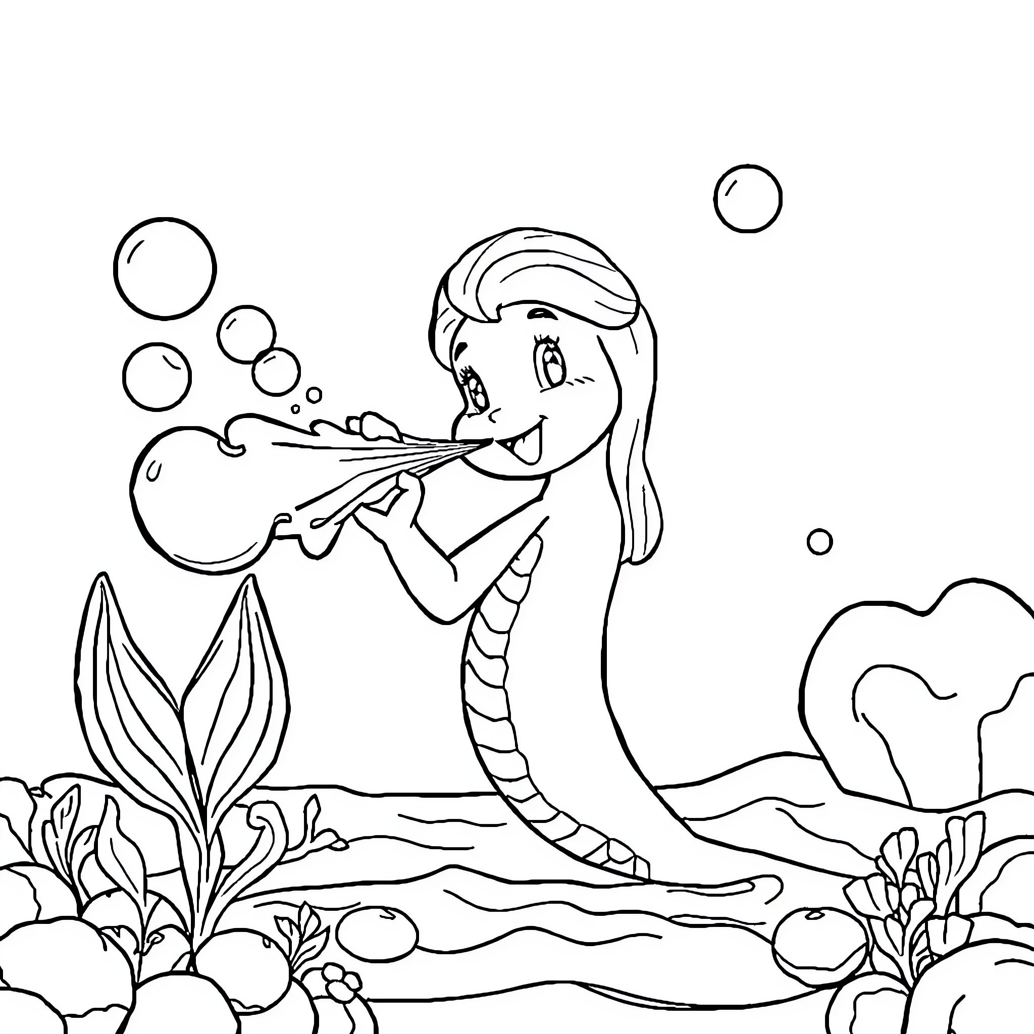 Mermaid blowing bubbles in underwater paradise Coloring Page (free black-and-white line drawing printable PDF for all, from beginners to advanced learners, including children, teens, adults, and seniors)