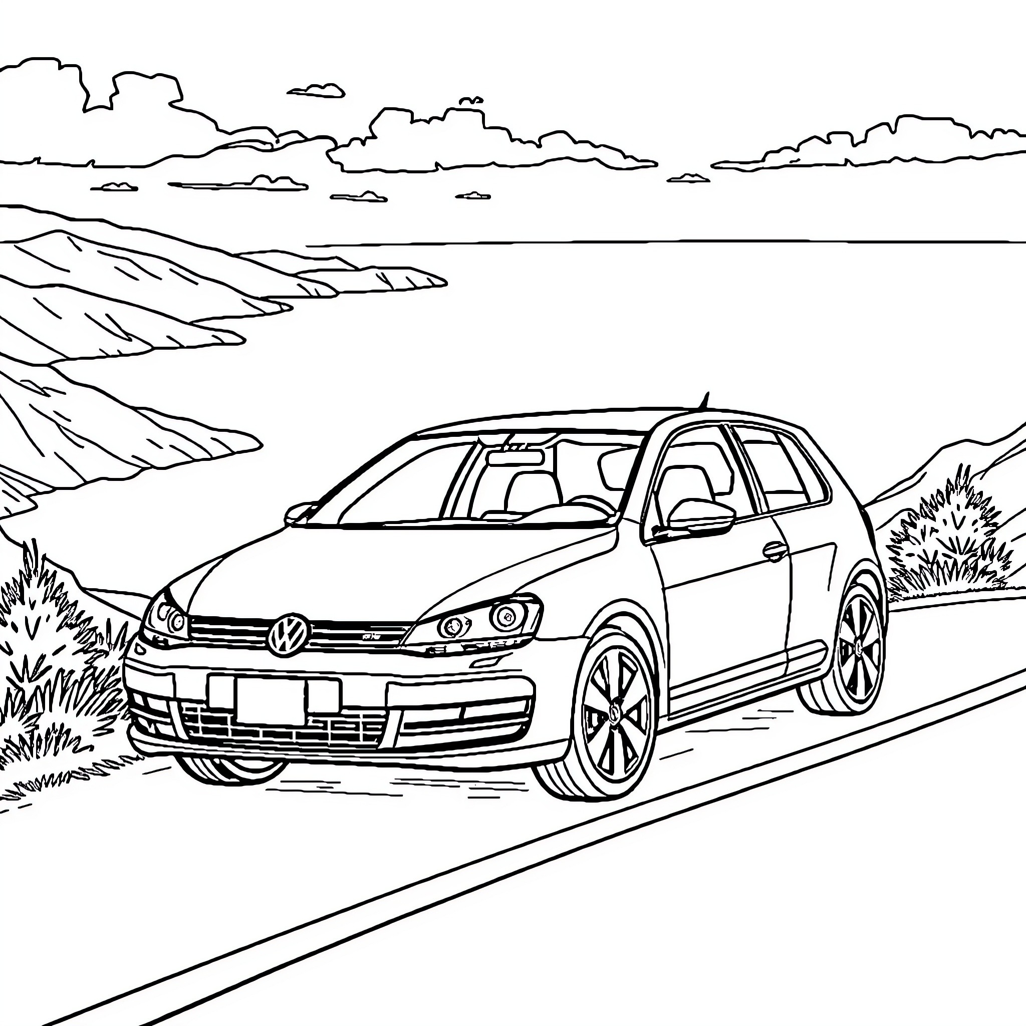 Volkswagen vehicle on scenic mountain road Coloring Page (free black-and-white line drawing printable PDF for all, from beginners to advanced learners, including children, teens, adults, and seniors)