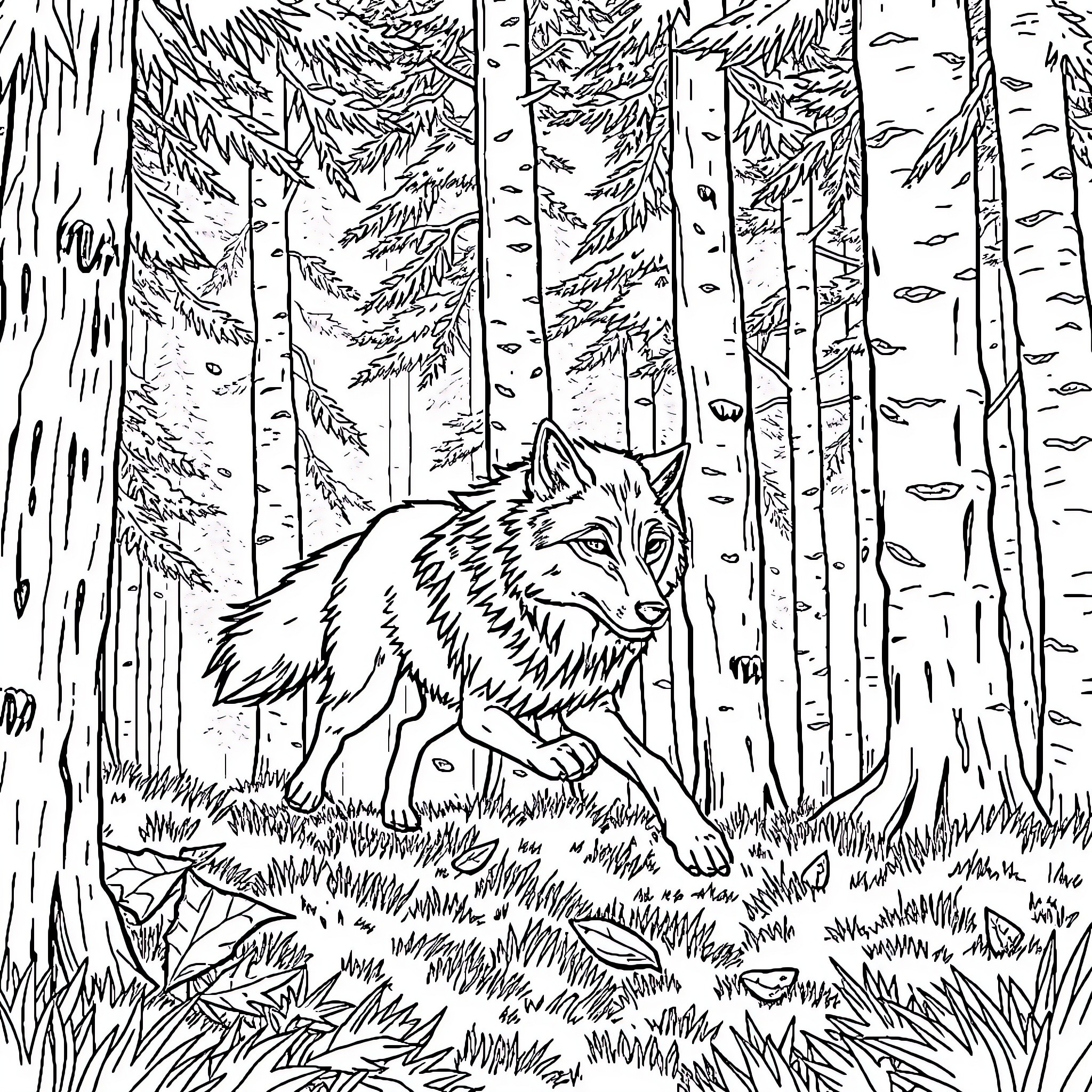 Wolf stalking through the dense forest Coloring Page (free black-and-white line drawing printable PDF for all, from beginners to advanced learners, including children, teens, adults, and seniors)