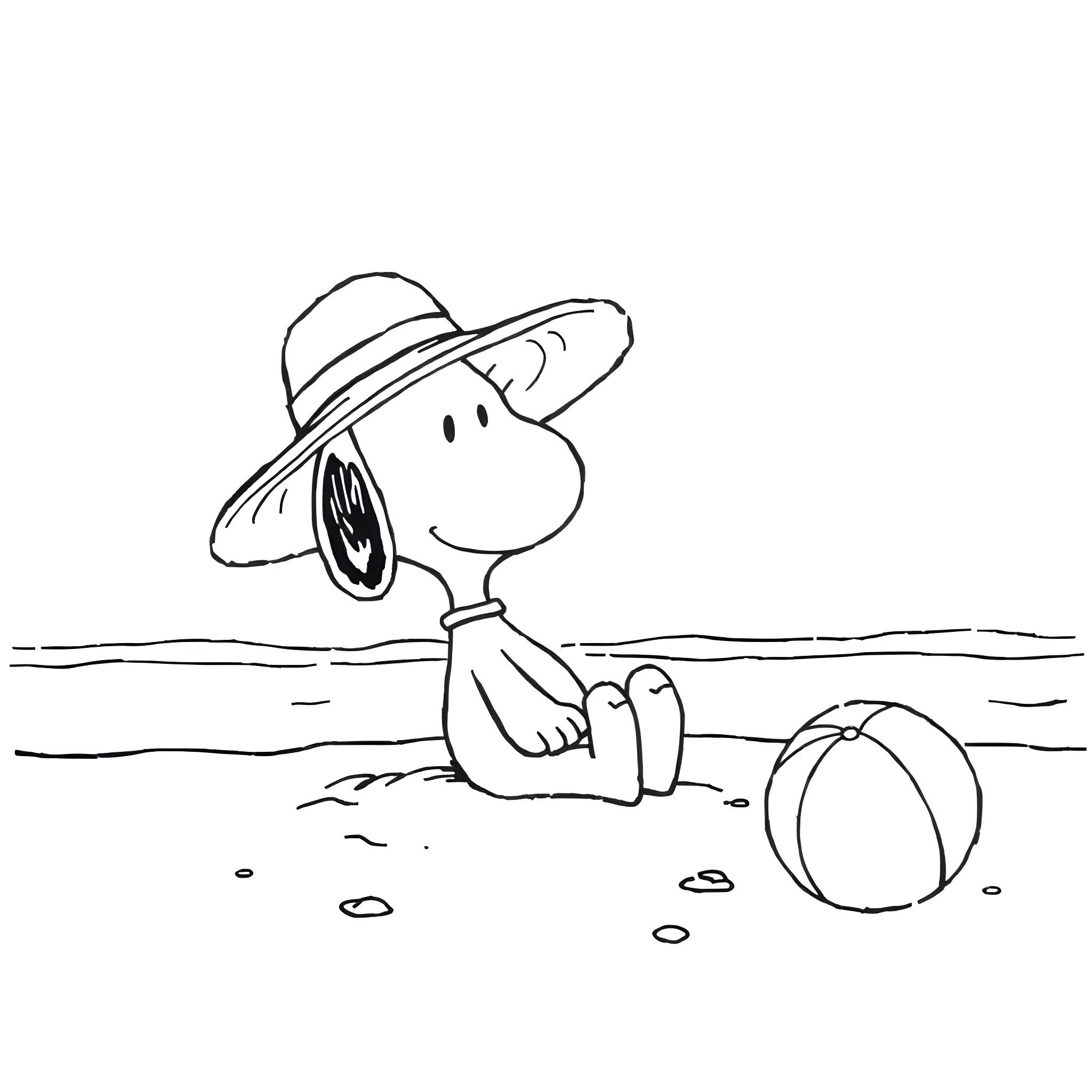 Snoopy enjoying a day at the beach Coloring Page (free black-and-white line drawing printable PDF for all, from beginners to advanced learners, including children, teens, adults, and seniors)