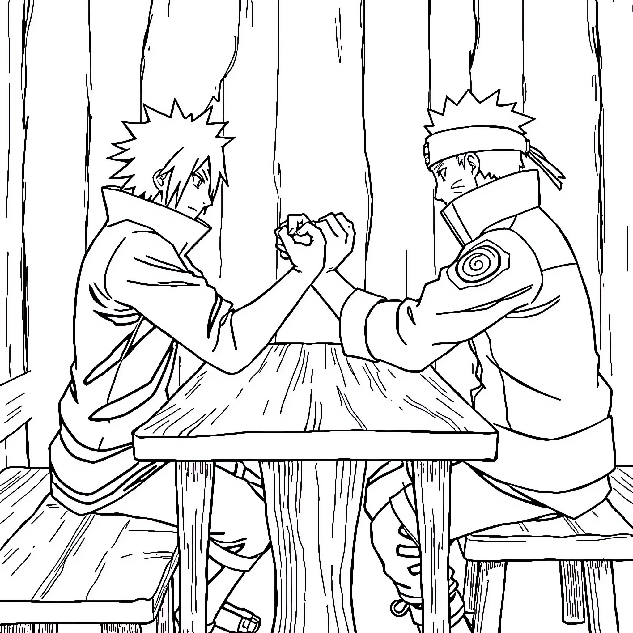 Ichigo's arm-wrestling challenge with Naruto Coloring Page (free black-and-white line drawing printable PDF for all, from beginners to advanced learners, including children, teens, adults, and seniors)