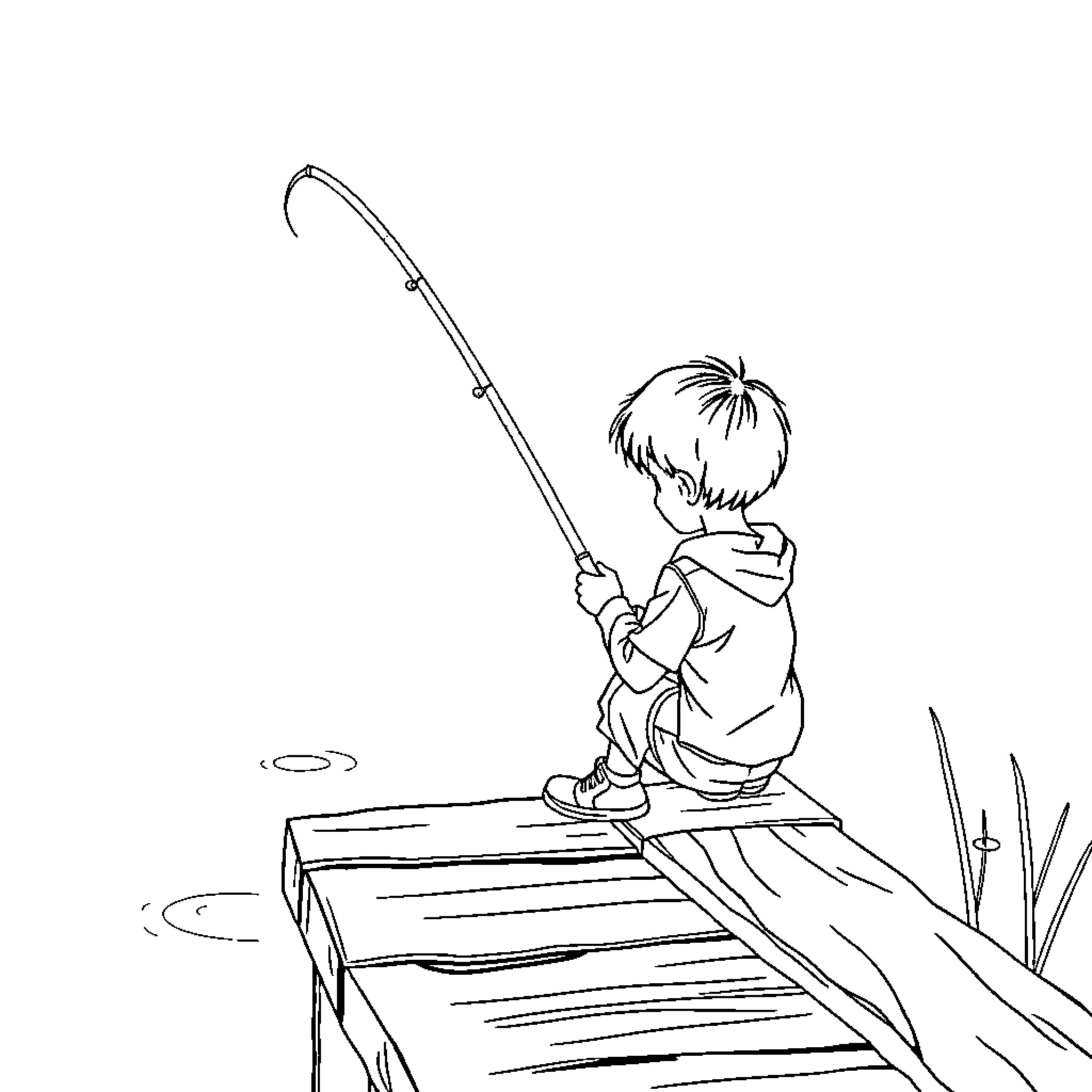 Boy fishing alone on a wooden dock Coloring Page (free black-and-white line drawing printable PDF for all, from beginners to advanced learners, including children, teens, adults, and seniors)