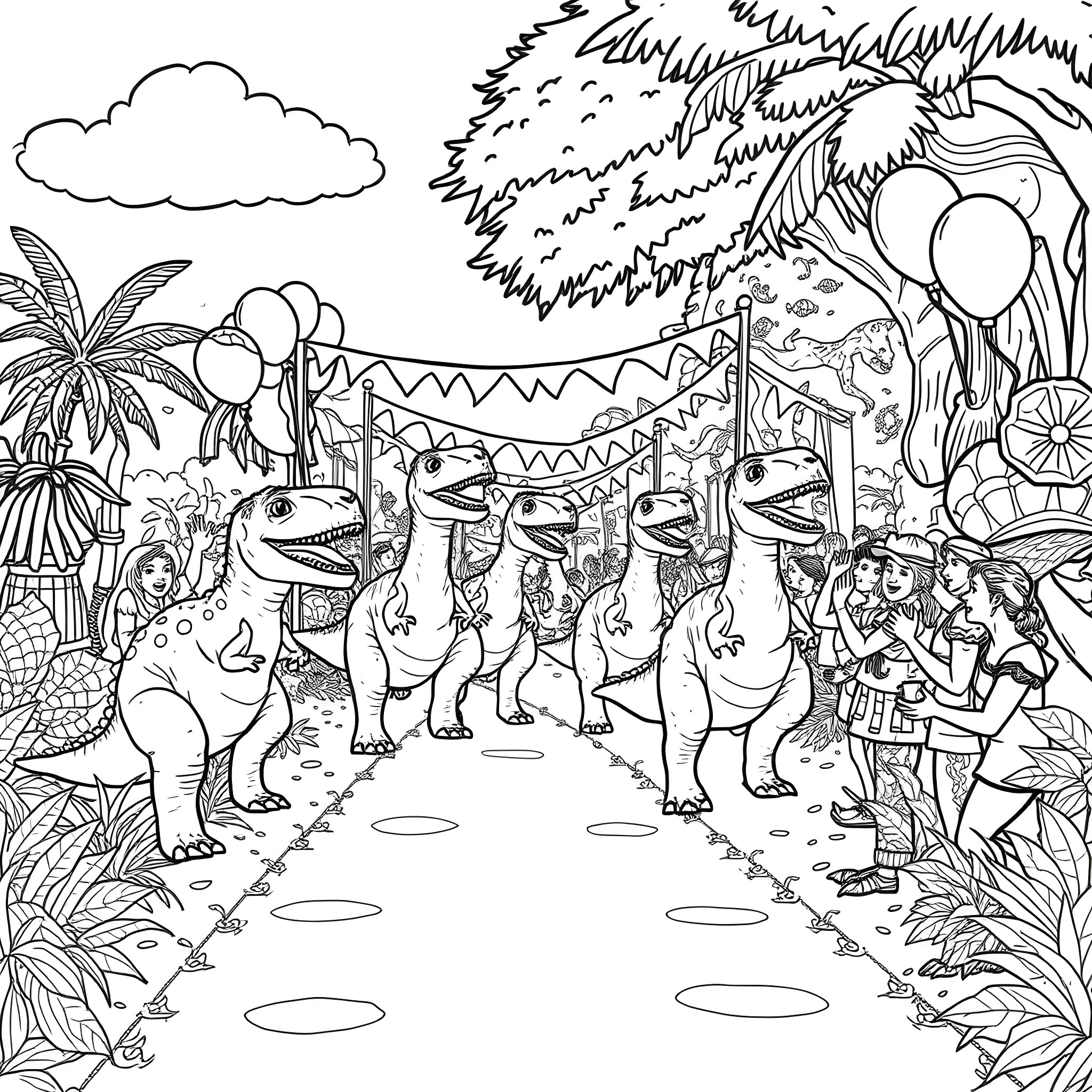 Dinosaur party with dancing and decorations Coloring Page (free black-and-white line drawing printable PDF for all, from beginners to advanced learners, including children, teens, adults, and seniors)