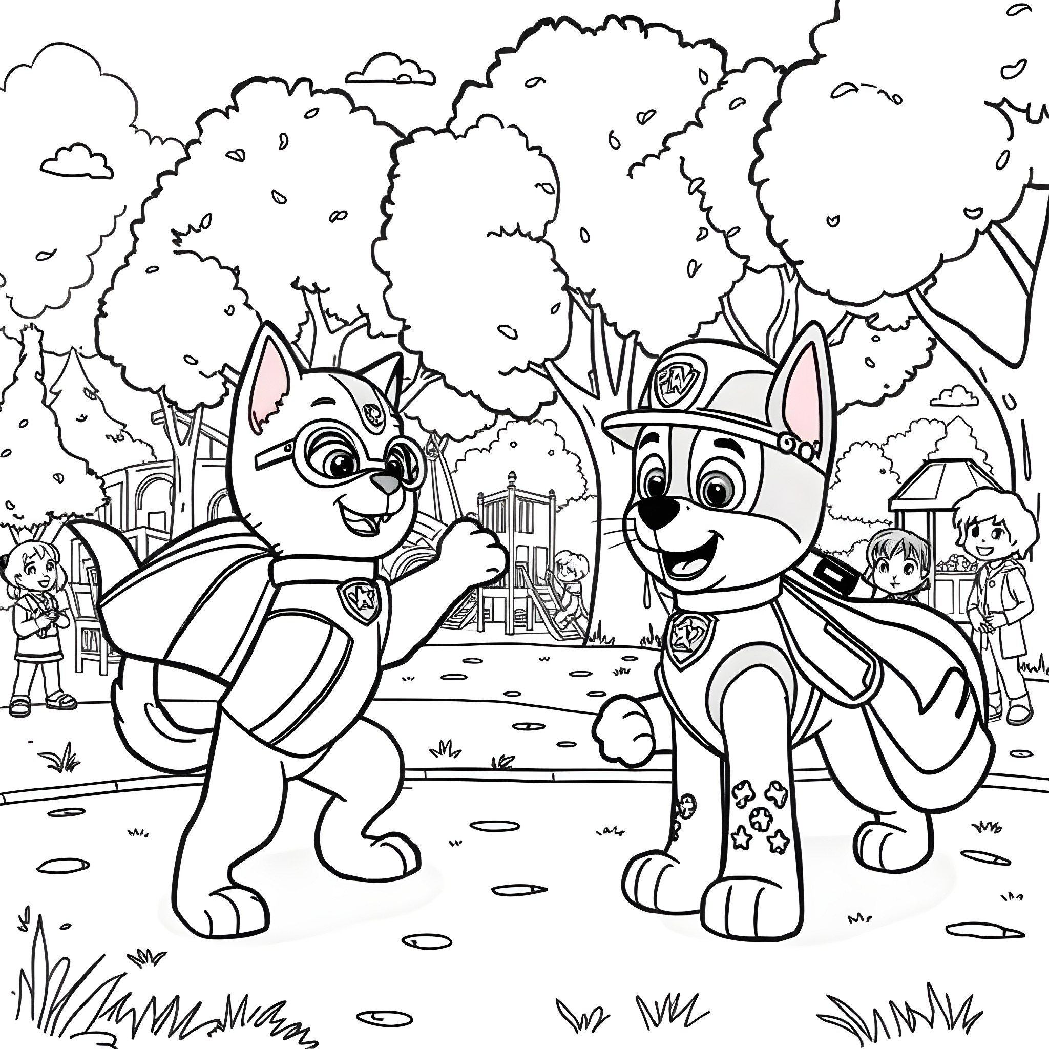 Superheroes Pups Protecting the City Coloring Page (free black-and-white line drawing printable PDF for all, from beginners to advanced learners, including children, teens, adults, and seniors)