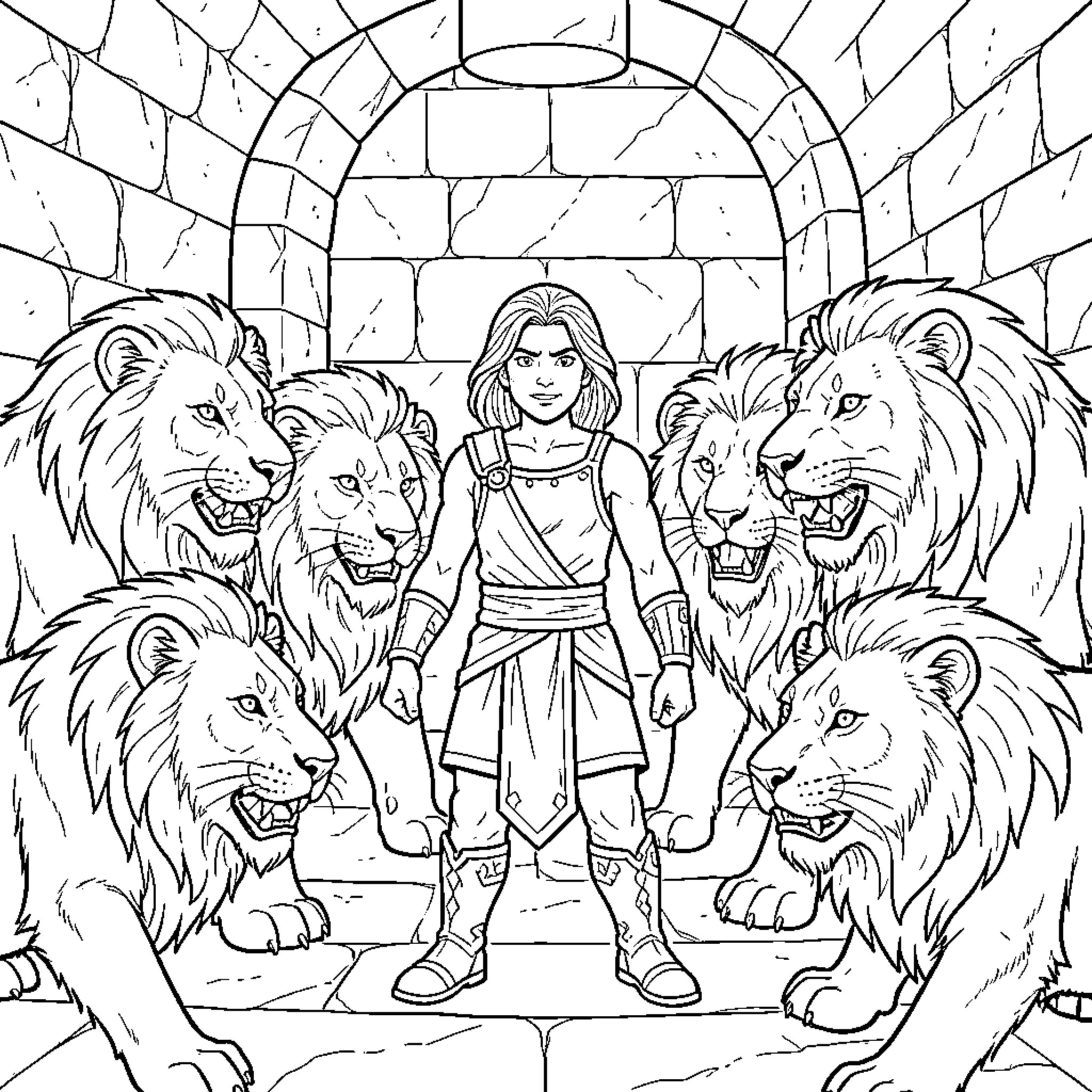 Daniel's Brave Journey with Ferocious Lions Coloring Page (free black-and-white line drawing printable PDF for all, from beginners to advanced learners, including children, teens, adults, and seniors)