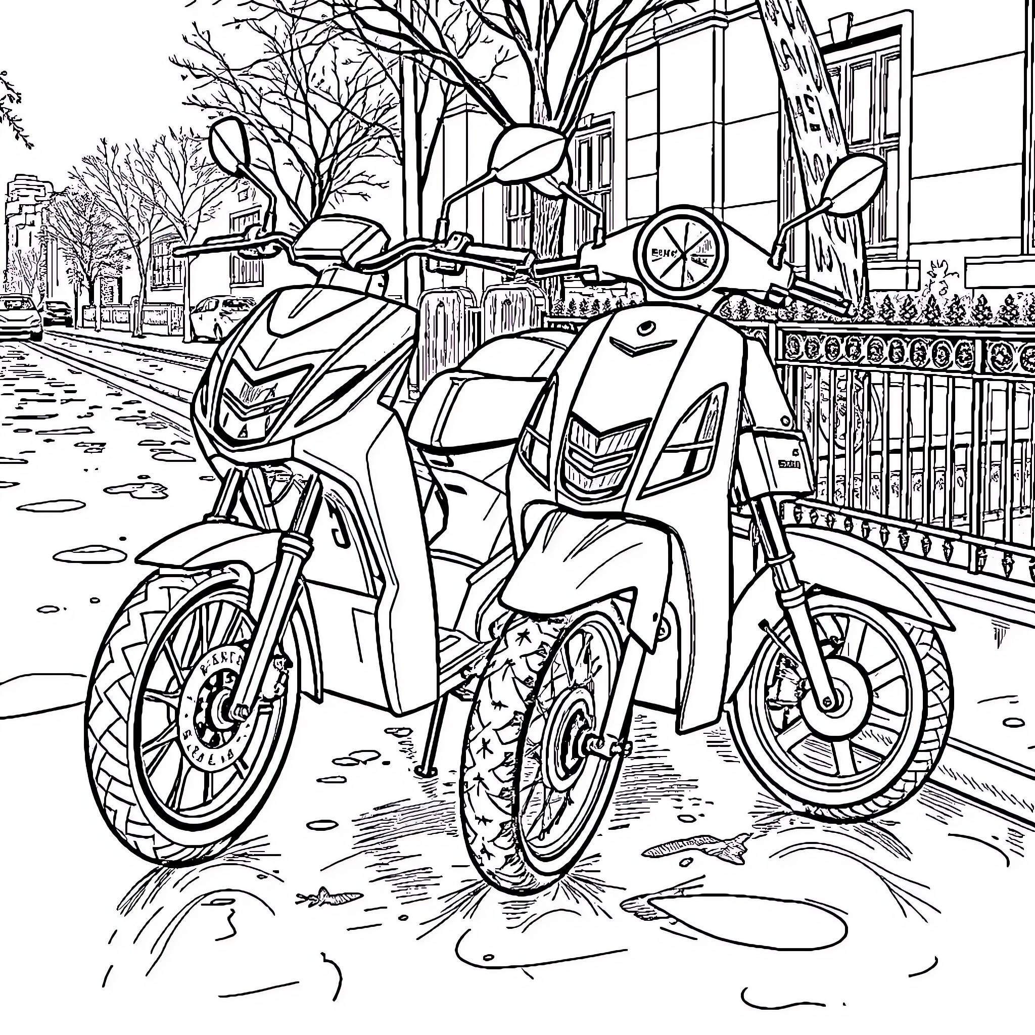 Electric Bikes on City Street Coloring Page (free black-and-white line drawing printable PDF for all, from beginners to advanced learners, including children, teens, adults, and seniors)