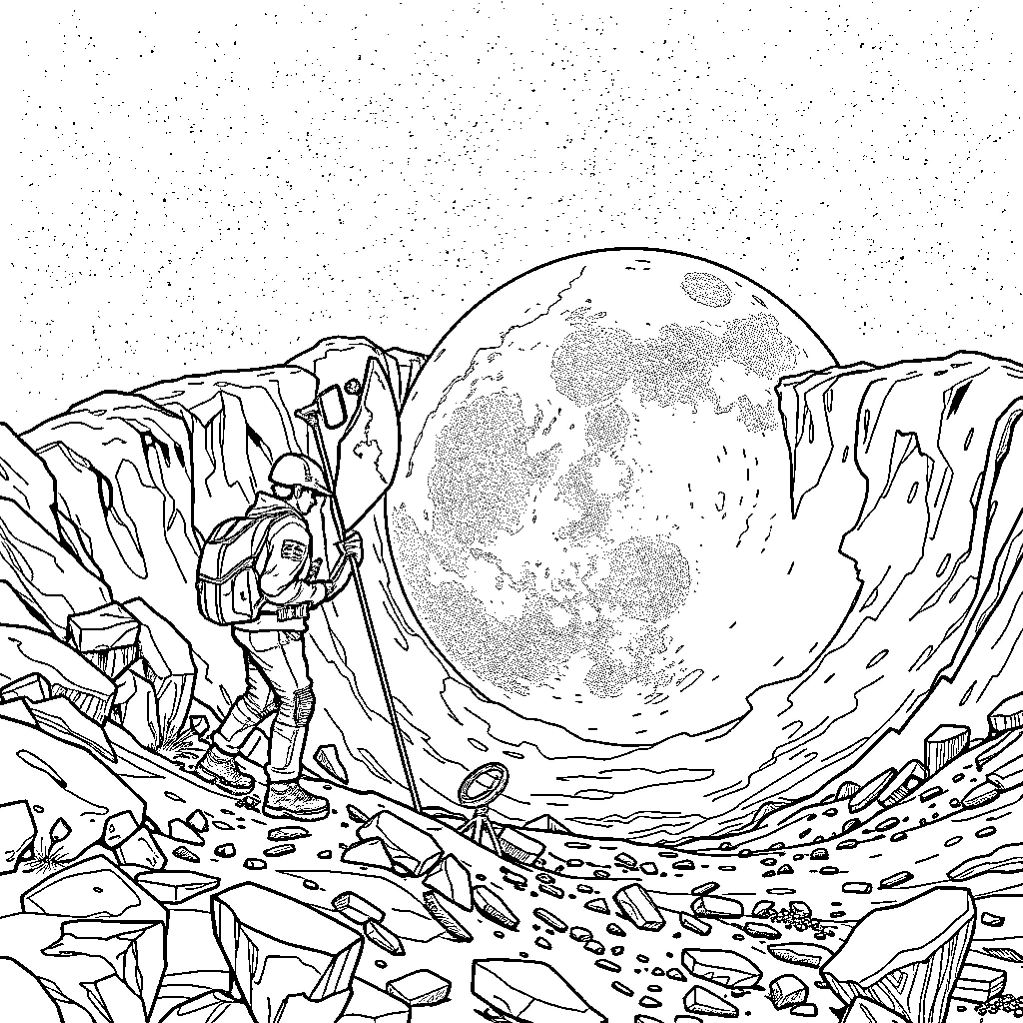 Guy hiking through a surreal lunar landscape Coloring Page (free black-and-white line drawing printable PDF for all, from beginners to advanced learners, including children, teens, adults, and seniors)