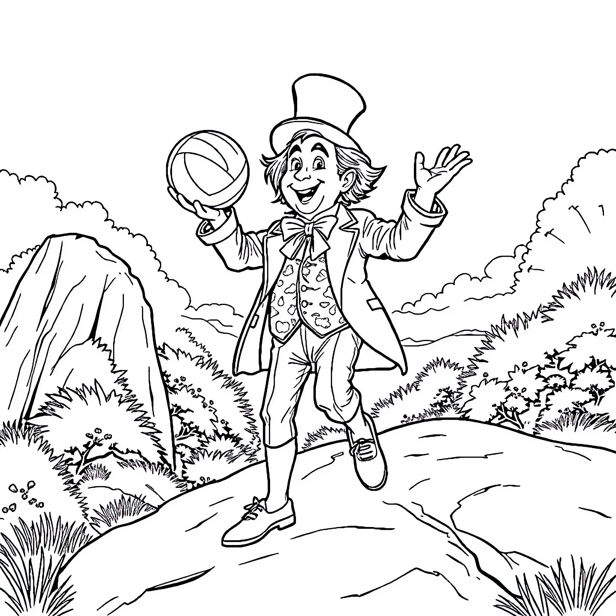 Willy Wonka Balancing a Basketball in the Whimsical Outdoors Coloring Page (free black-and-white line drawing printable PDF for all, from beginners to advanced learners, including children, teens, adults, and seniors)
