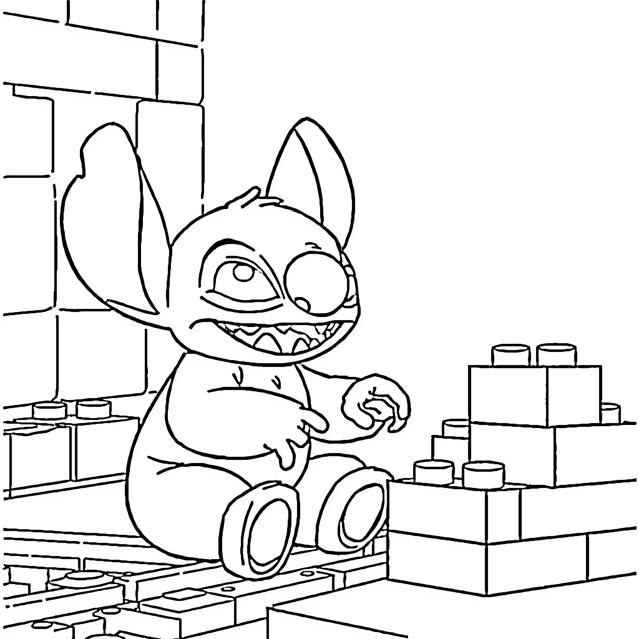 Stitch playing with toy blocks in room Coloring Page (free black-and-white line drawing printable PDF for all, from beginners to advanced learners, including children, teens, adults, and seniors)