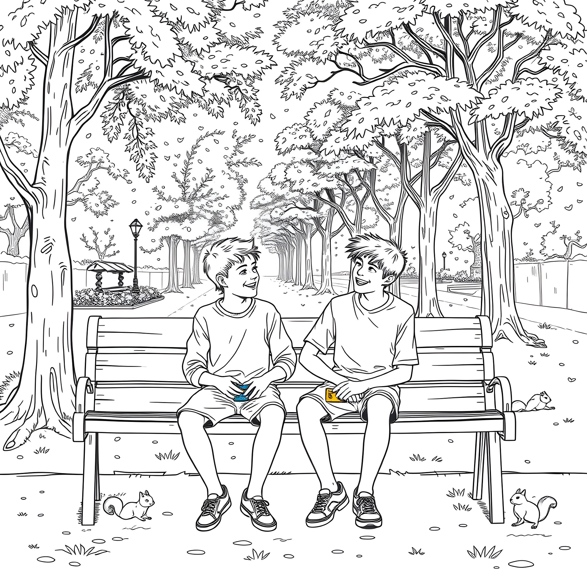 Teen Guys Relaxing on a Bench in the Park Coloring Page (free black-and-white line drawing printable PDF for all, from beginners to advanced learners, including children, teens, adults, and seniors)
