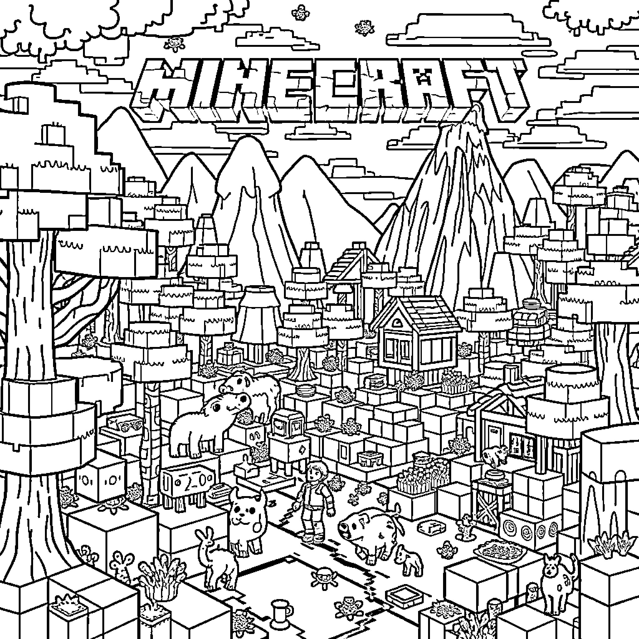 Minecraft Scenic Landscape with Geometric Structures Coloring Page (free black-and-white line drawing printable PDF for all, from beginners to advanced learners, including children, teens, adults, and seniors)