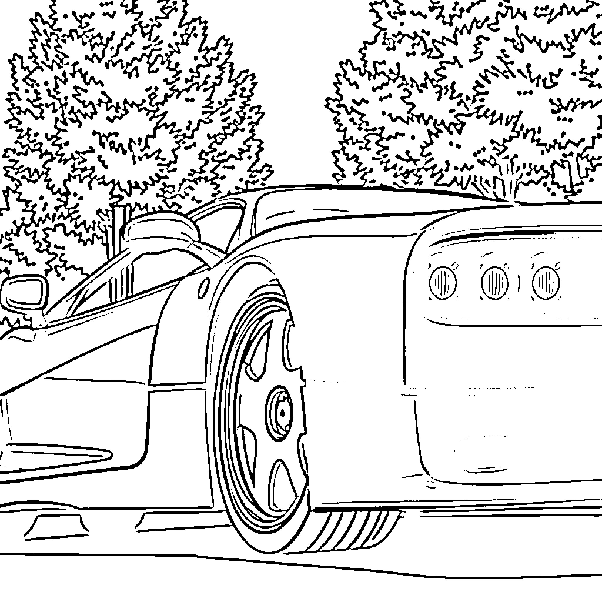 Ferrari speeding through the forest Coloring Page (free black-and-white line drawing printable PDF for all, from beginners to advanced learners, including children, teens, adults, and seniors)