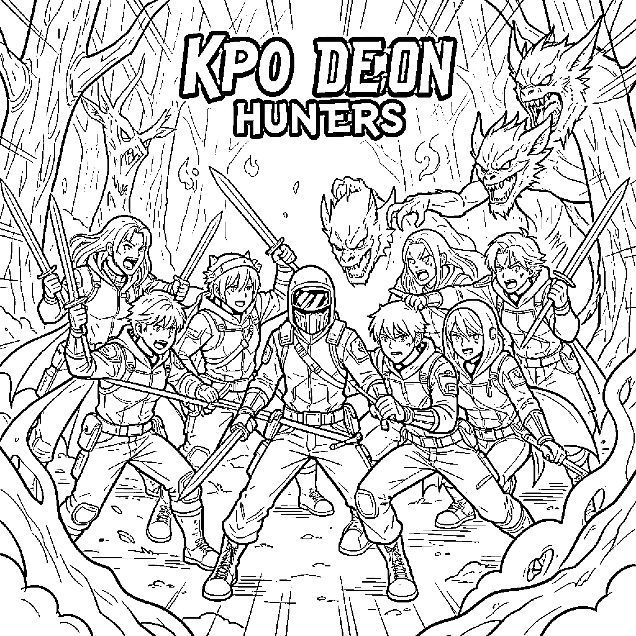 Kpop Demon Hunter fighting monsters in a forest Coloring Page (free black-and-white line drawing printable PDF for all, from beginners to advanced learners, including children, teens, adults, and seniors)