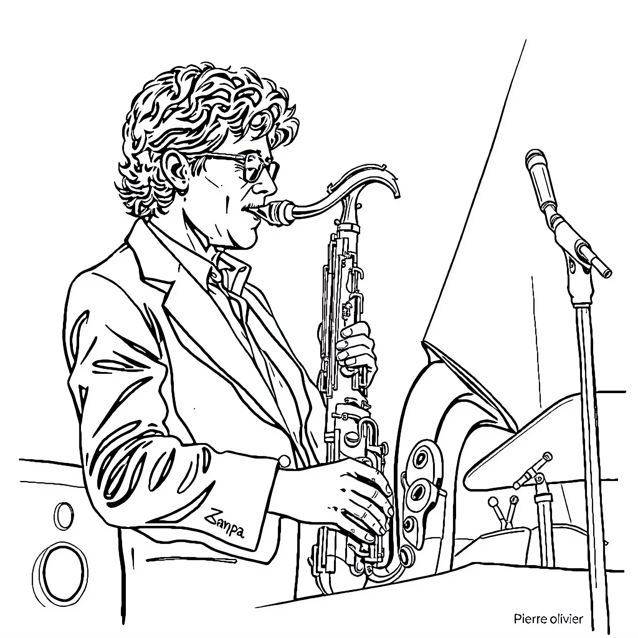 Saxophone player performing on stage Coloring Page (free black-and-white line drawing printable PDF for all, from beginners to advanced learners, including children, teens, adults, and seniors)