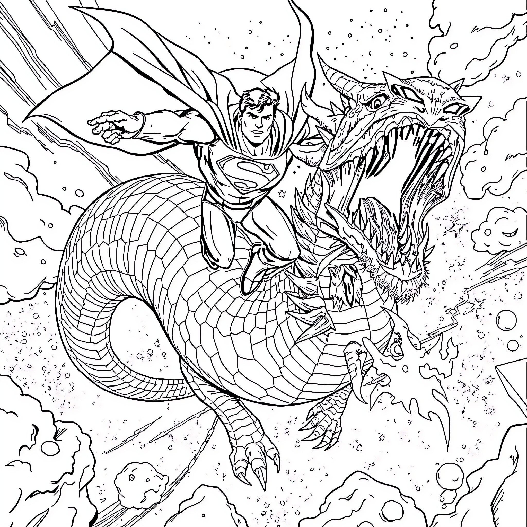 Superman battling a fierce dragon in a cosmic scene Coloring Page (free black-and-white line drawing printable PDF for all, from beginners to advanced learners, including children, teens, adults, and seniors)
