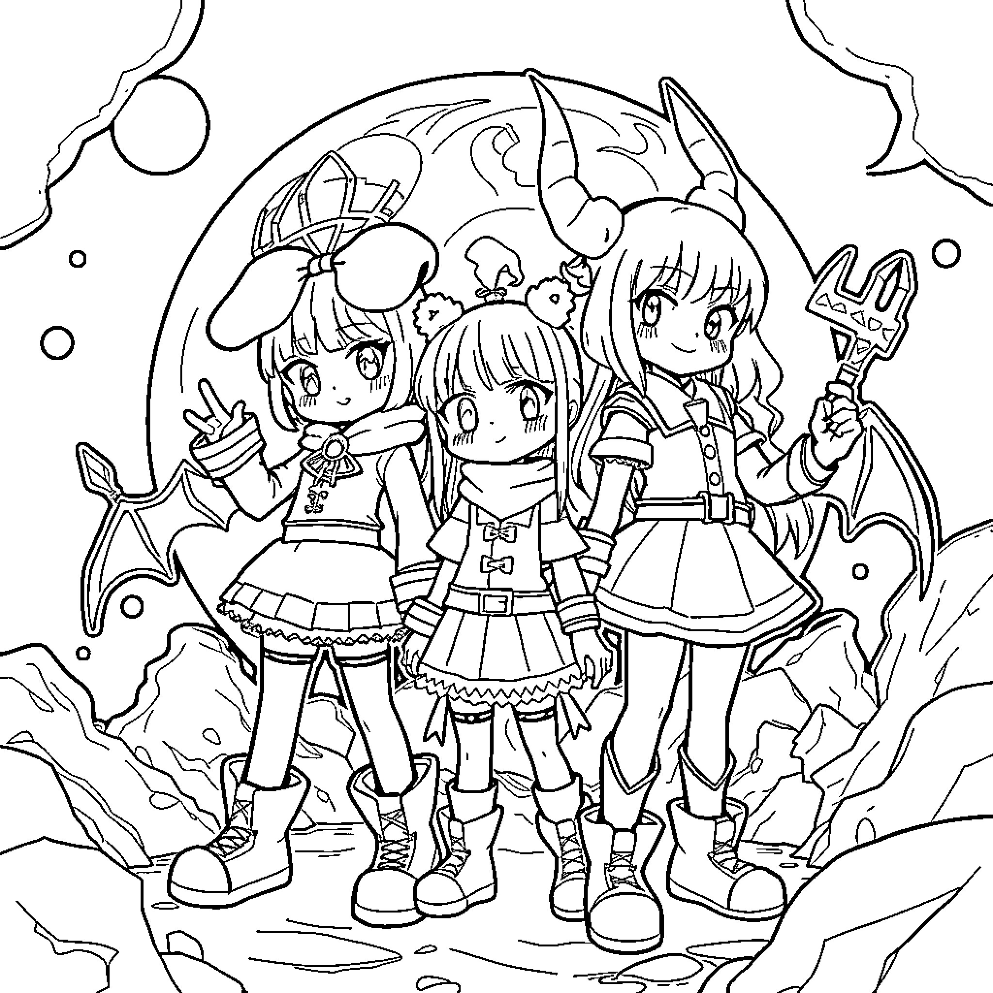 My Melody: Anime-style Girls in Whimsical Outfits Coloring Page (free black-and-white line drawing printable PDF for all, from beginners to advanced learners, including children, teens, adults, and seniors)