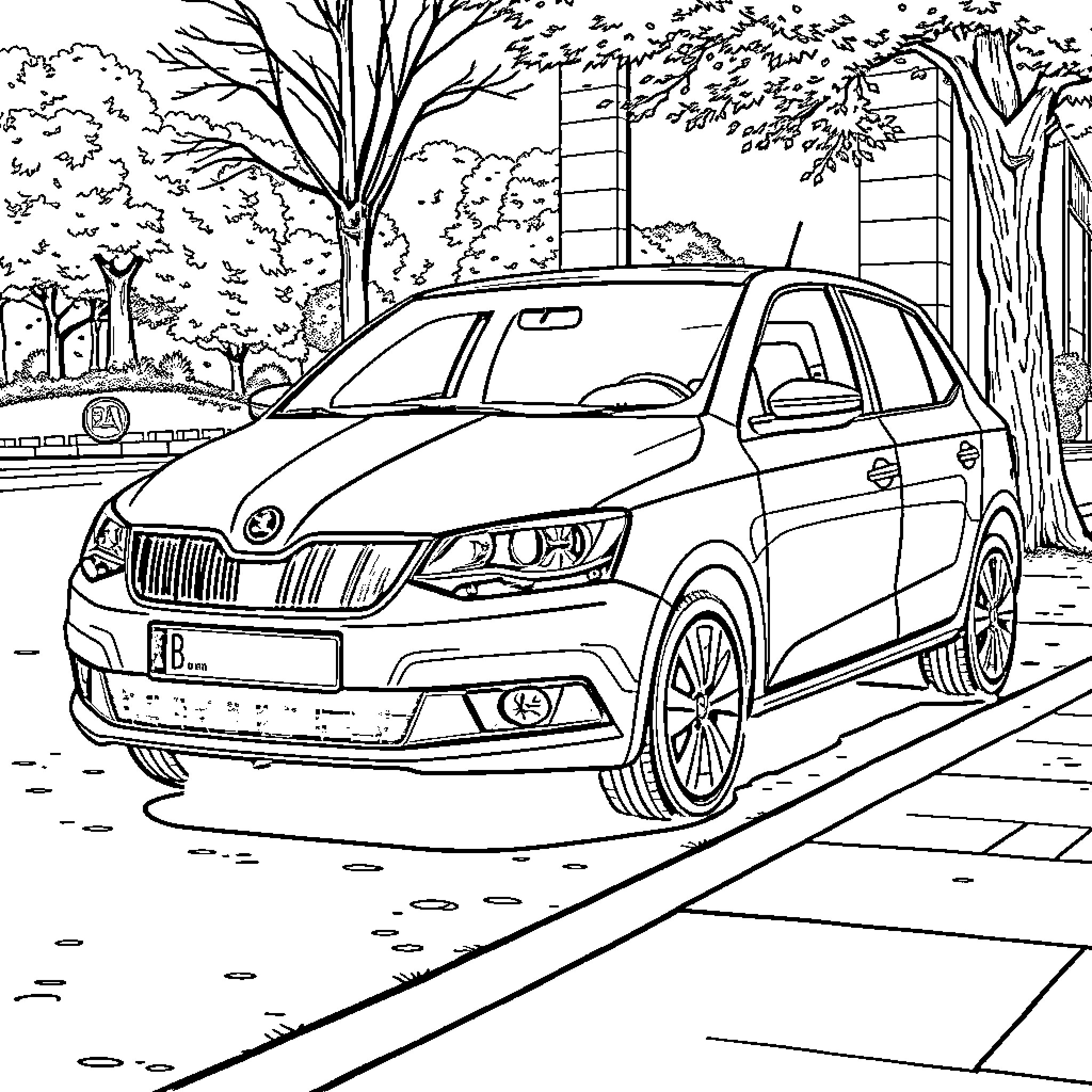 Skoda Fabia parked on a city street Coloring Page (free black-and-white line drawing printable PDF for all, from beginners to advanced learners, including children, teens, adults, and seniors)