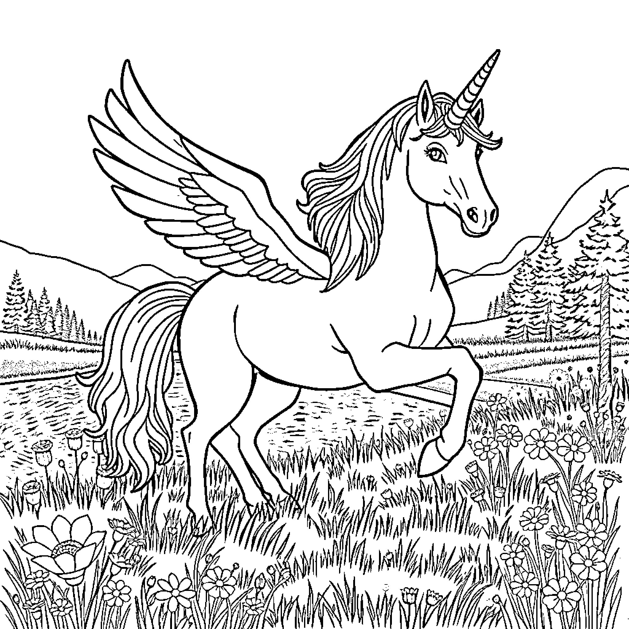 Unicorn with Majestic Wings Exploring Enchanting Meadow Coloring Page (free black-and-white line drawing printable PDF for all, from beginners to advanced learners, including children, teens, adults, and seniors)