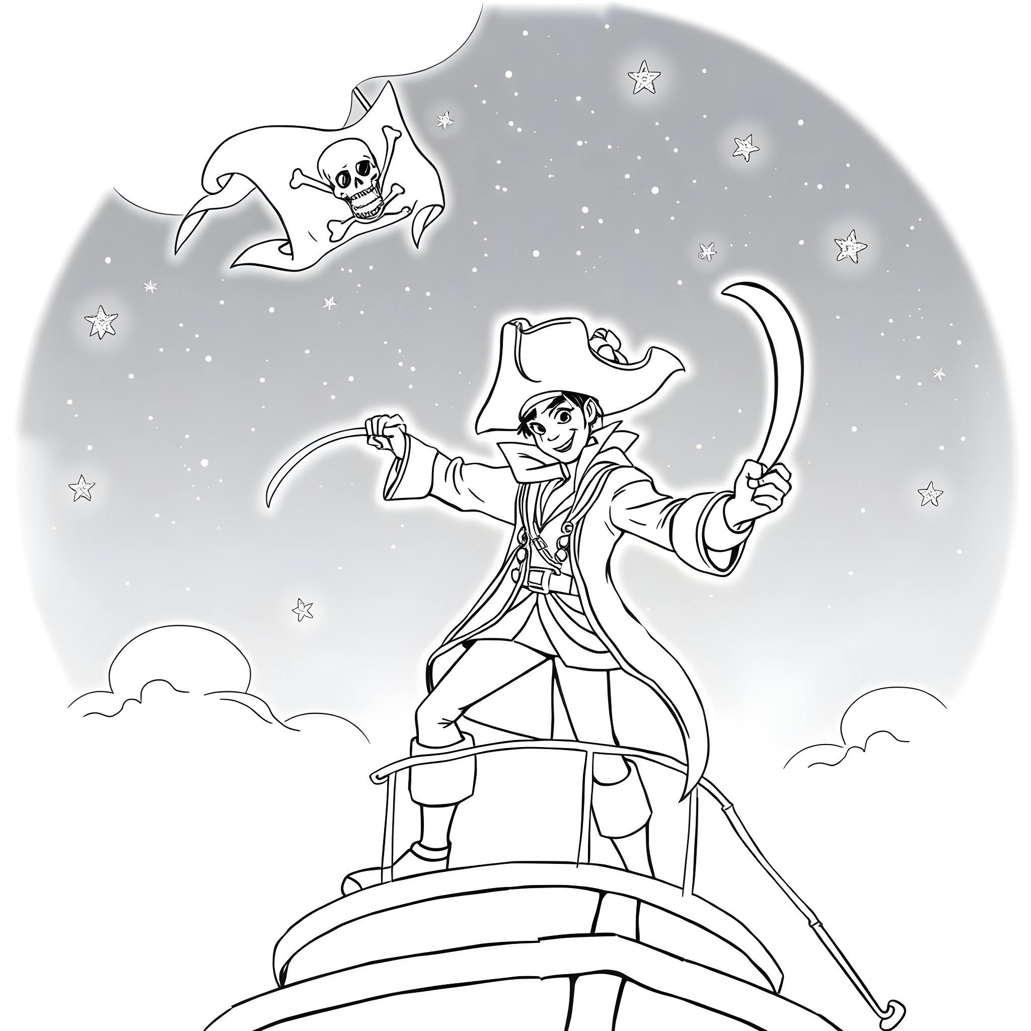 Captain Hook's Pirate Adventure Under the Starry Night Sky Coloring Page (free black-and-white line drawing printable PDF for all, from beginners to advanced learners, including children, teens, adults, and seniors)