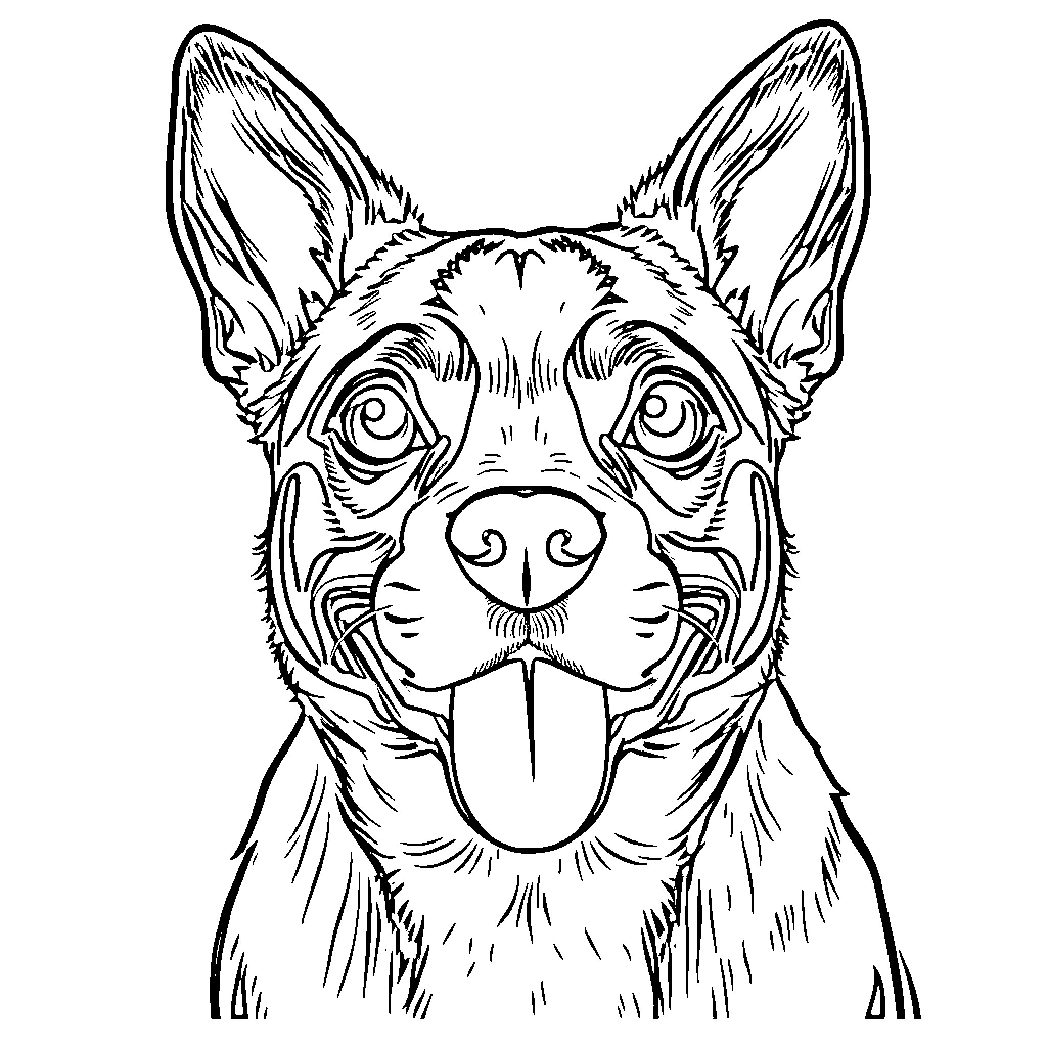 Dog with expressive eyes and open mouth Coloring Page (free black-and-white line drawing printable PDF for all, from beginners to advanced learners, including children, teens, adults, and seniors)