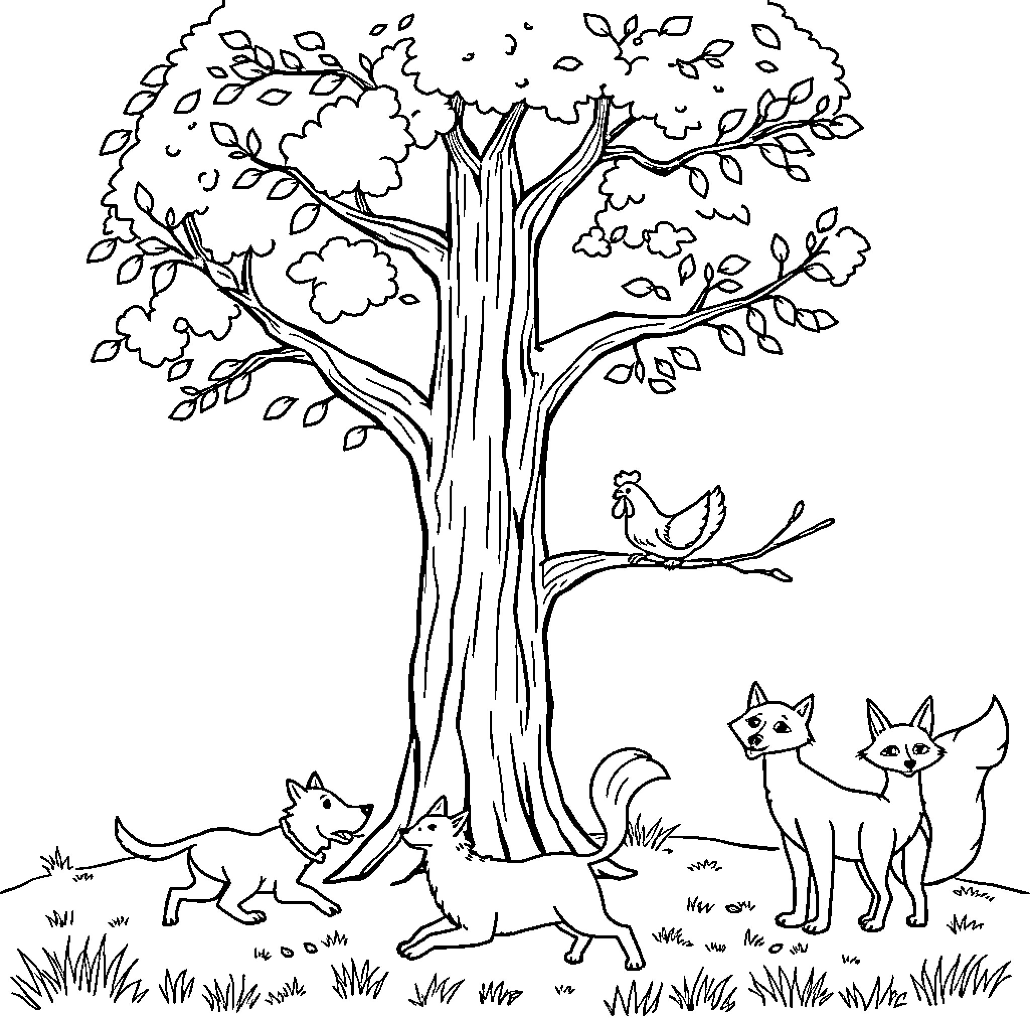 Tree with Playful Animals in the Forest Coloring Page (free black-and-white line drawing printable PDF for all, from beginners to advanced learners, including children, teens, adults, and seniors)