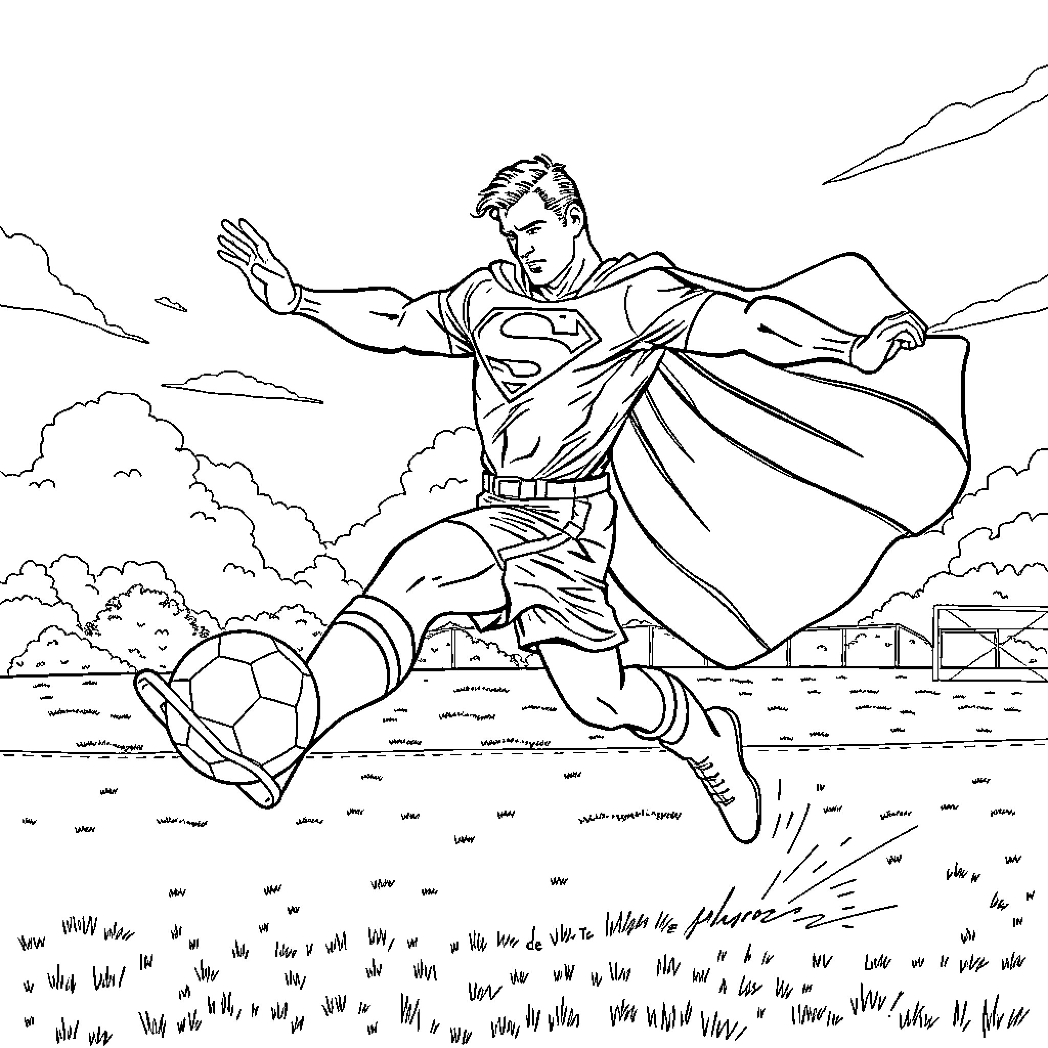Superman soaring through the sky with a soccer ball Coloring Page (free black-and-white line drawing printable PDF for all, from beginners to advanced learners, including children, teens, adults, and seniors)