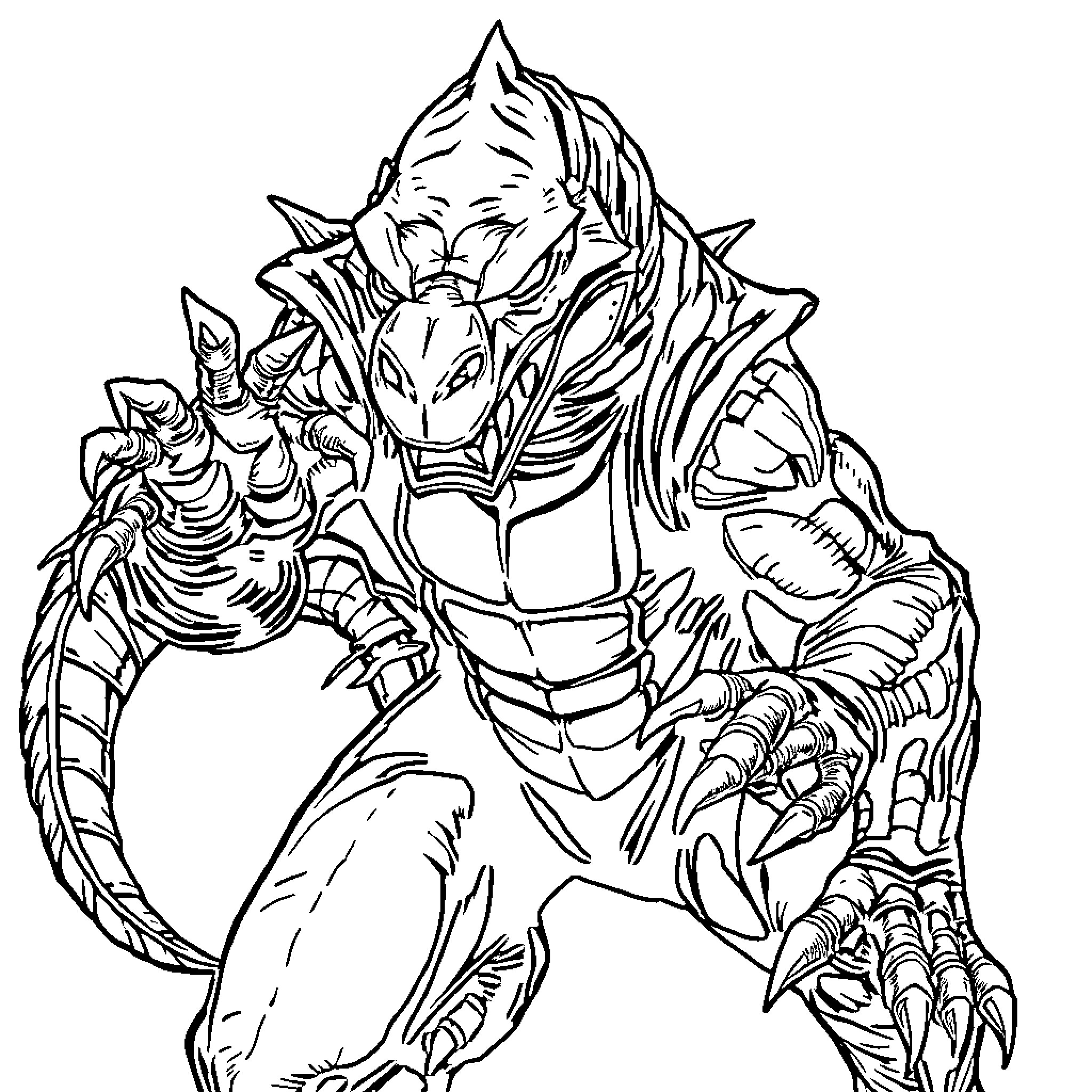 Reptile warrior in battle stance Coloring Page (free black-and-white line drawing printable PDF for all, from beginners to advanced learners, including children, teens, adults, and seniors)