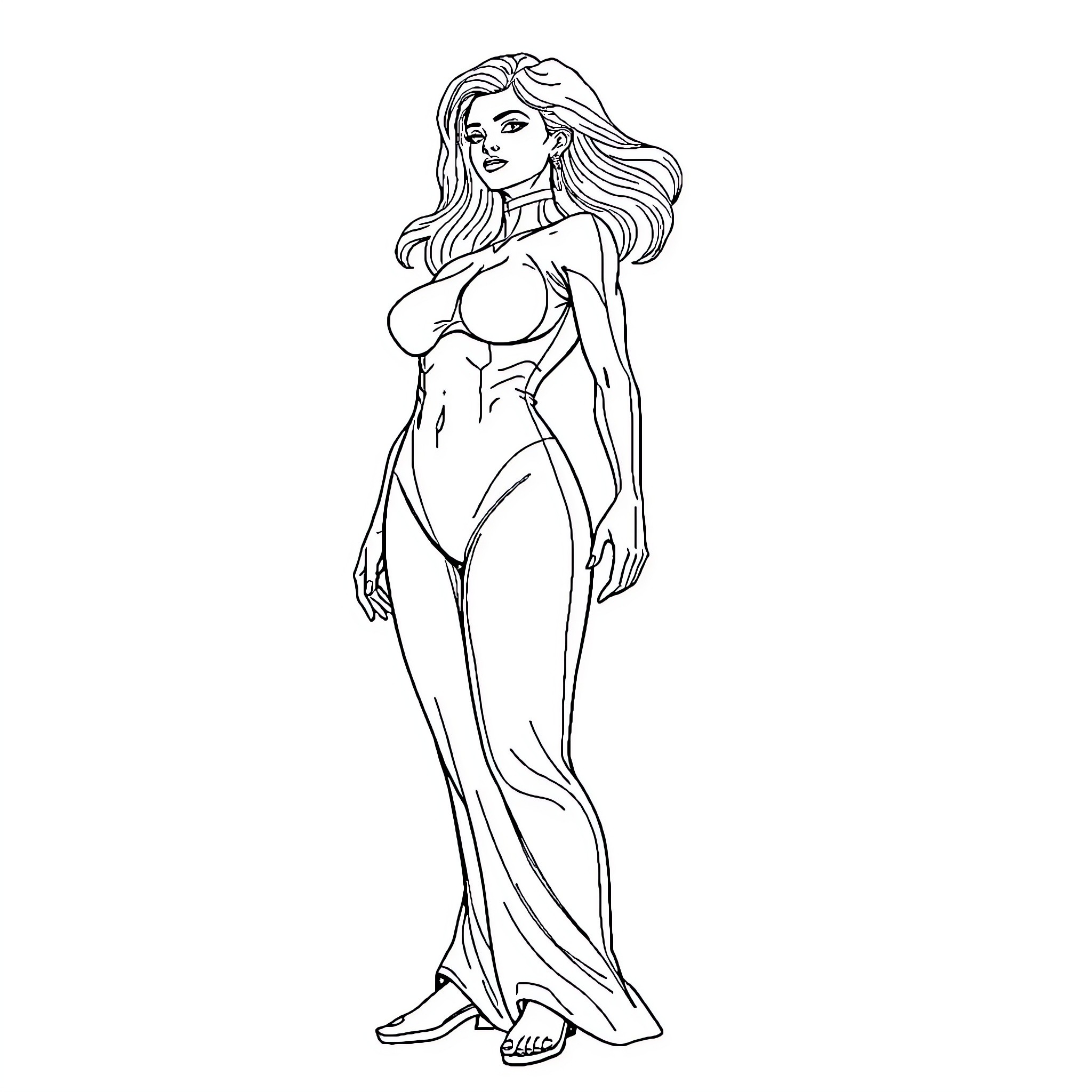Metal Woman in Elegant Pose Coloring Page (free black-and-white line drawing printable PDF for all, from beginners to advanced learners, including children, teens, adults, and seniors)