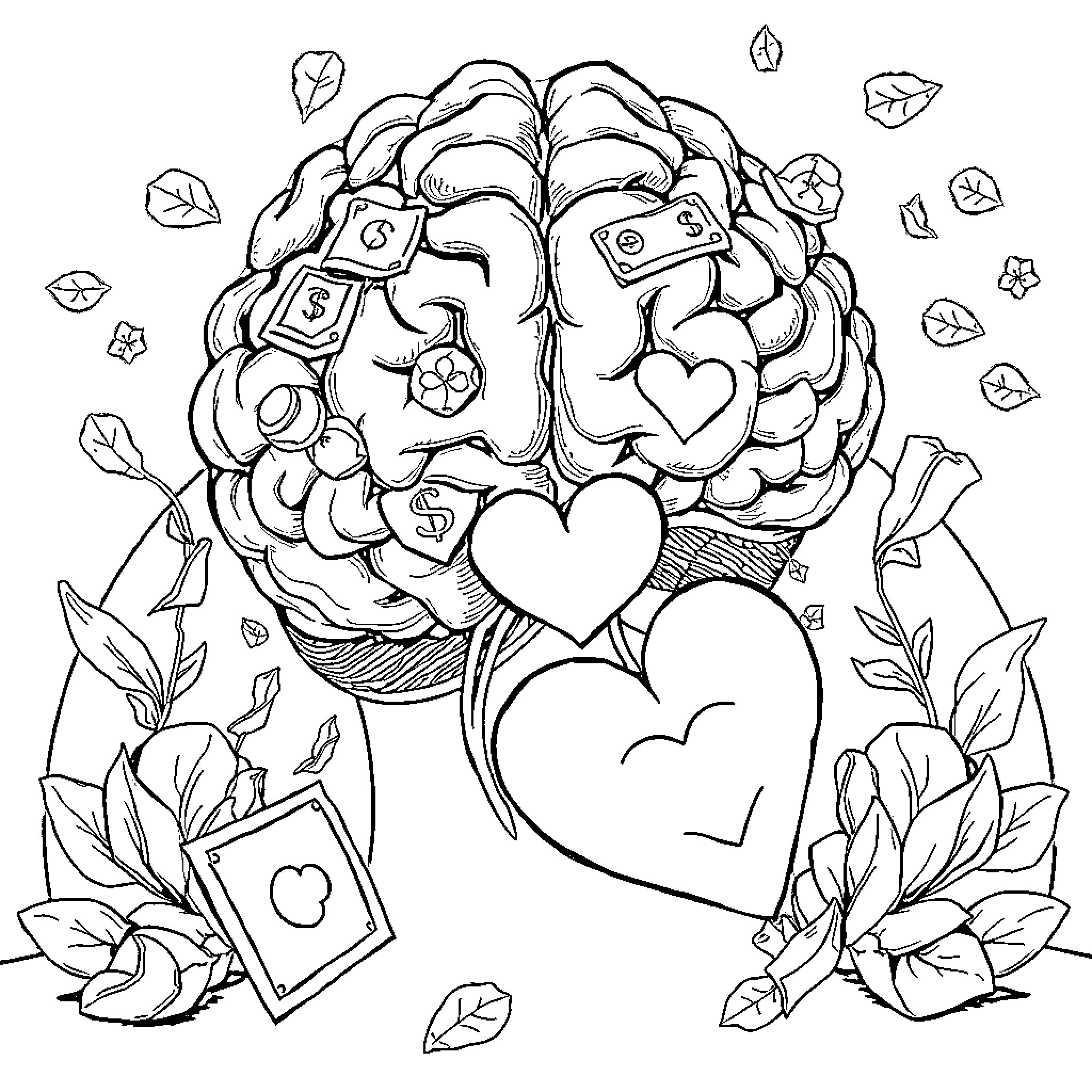 Money Growing on the Brain Coloring Page (free black-and-white line drawing printable PDF for all, from beginners to advanced learners, including children, teens, adults, and seniors)