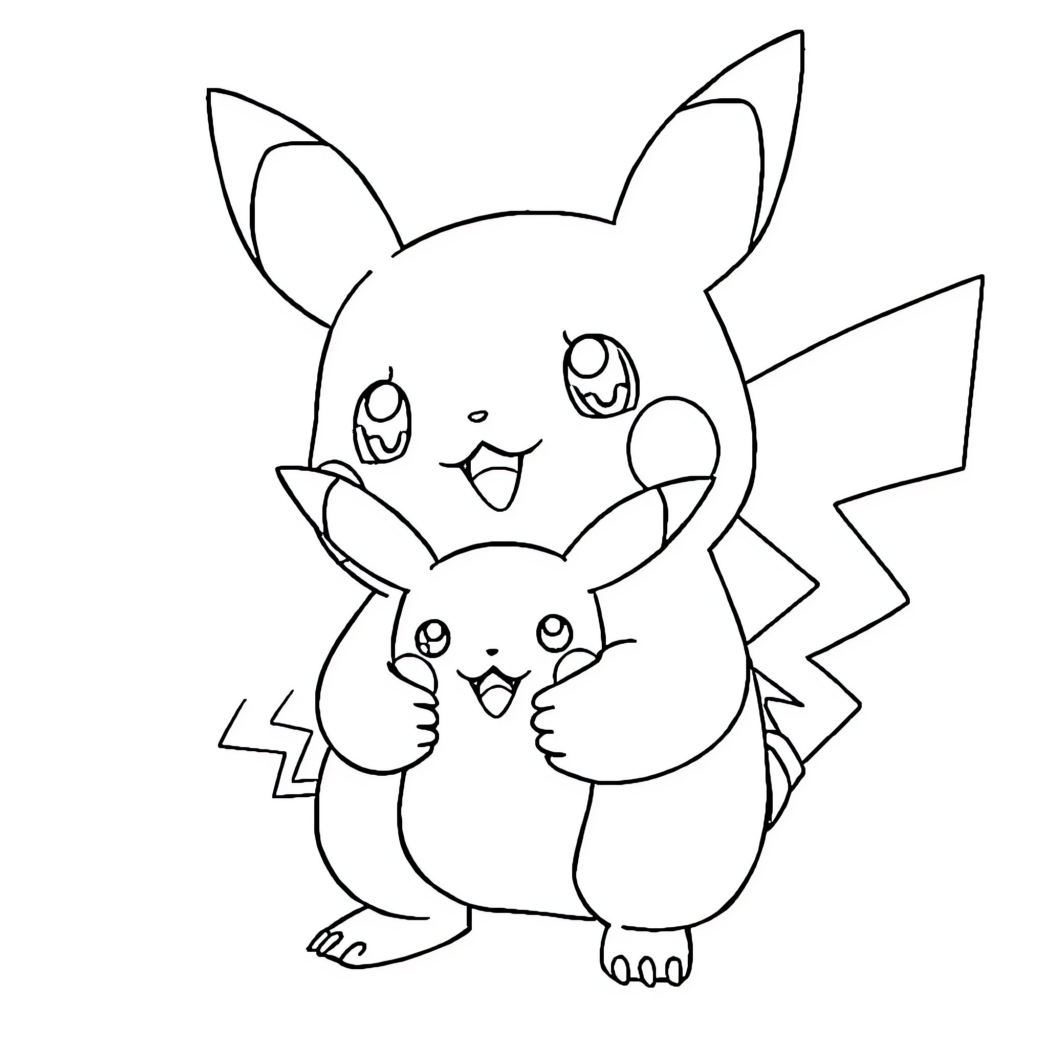 Labubu Pikachu and Pichu in Playful Embrace Coloring Page (free black-and-white line drawing printable PDF for all, from beginners to advanced learners, including children, teens, adults, and seniors)