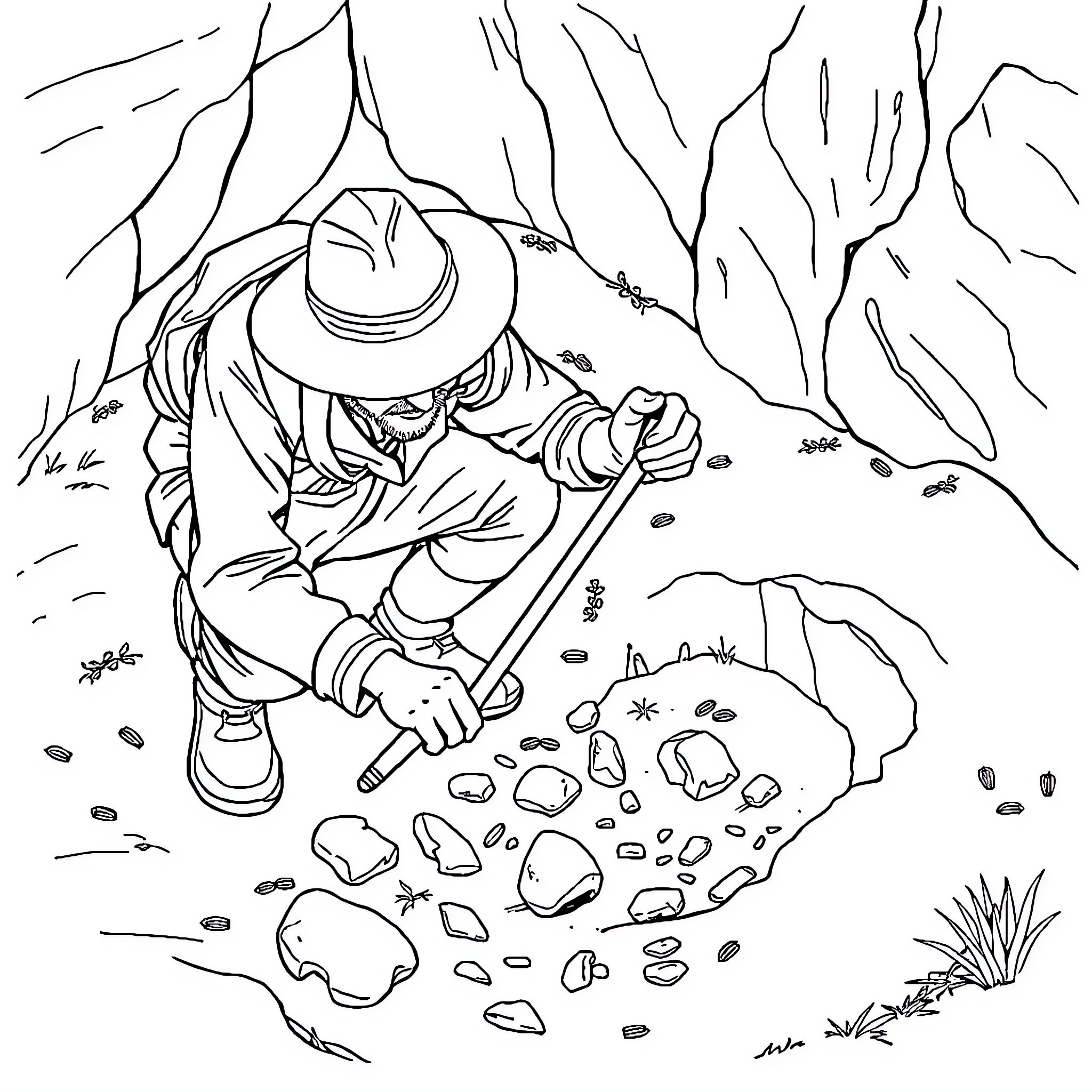Archaeologist exploring ancient ruins in the wilderness Coloring Page (free black-and-white line drawing printable PDF for all, from beginners to advanced learners, including children, teens, adults, and seniors)