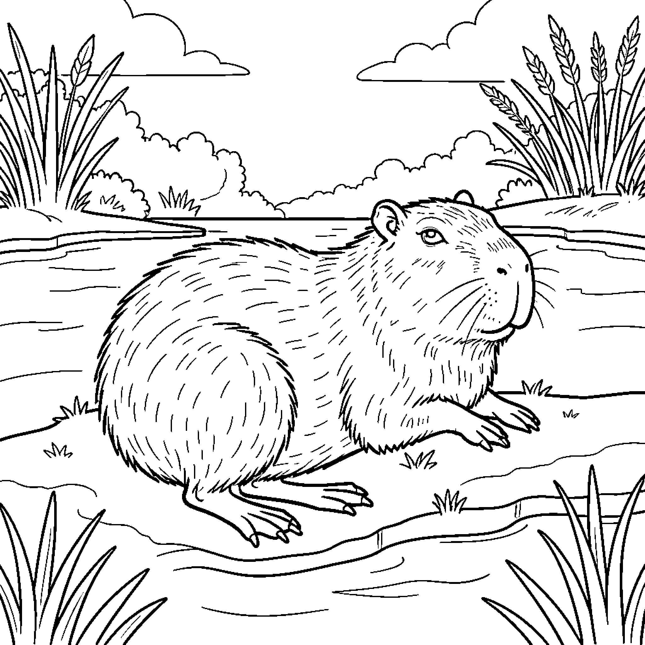 Capybara sitting peacefully by a calm riverbank Coloring Page (free black-and-white line drawing printable PDF for all, from beginners to advanced learners, including children, teens, adults, and seniors)