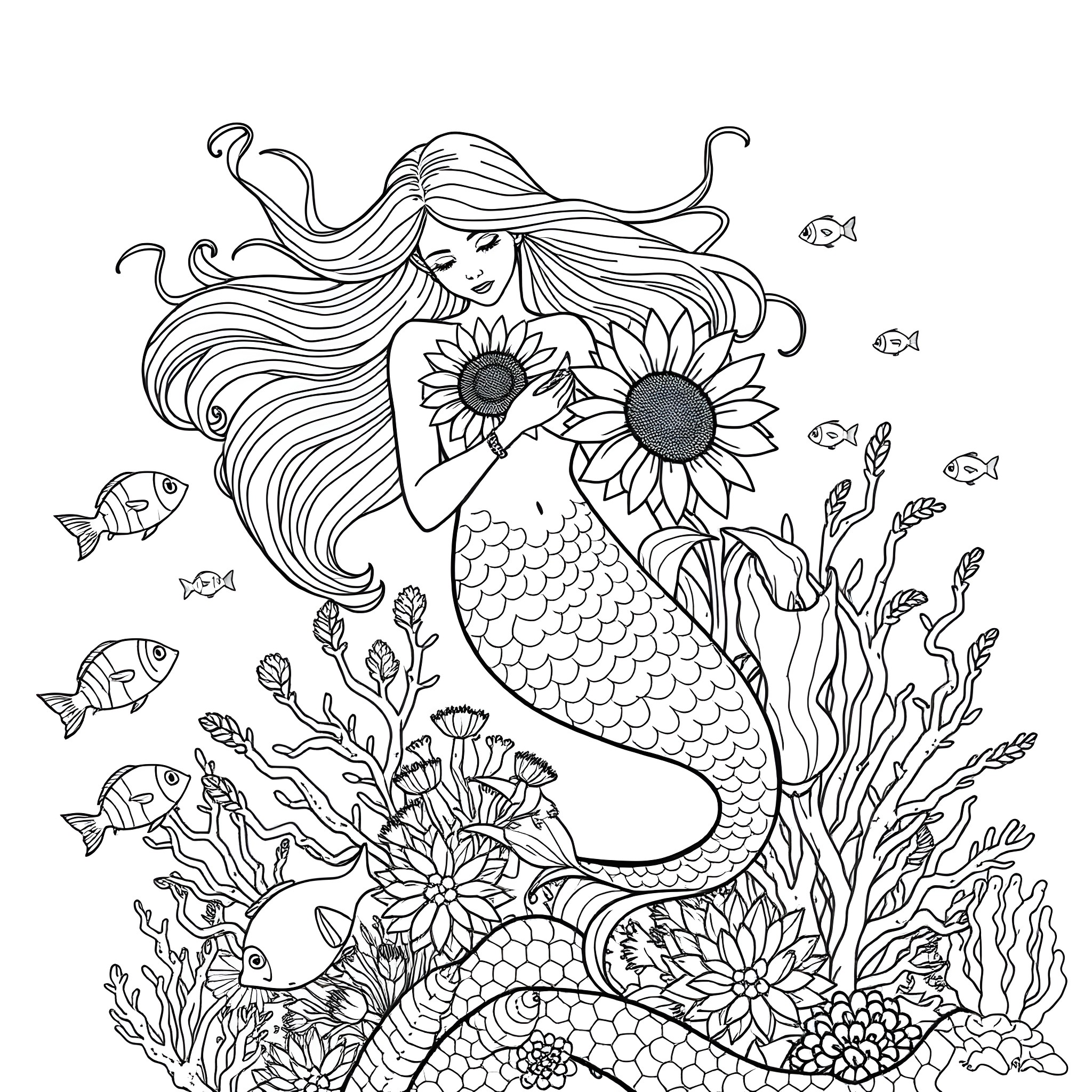 Mermaid with flowing hair enjoying underwater garden Coloring Page (free black-and-white line drawing printable PDF for all, from beginners to advanced learners, including children, teens, adults, and seniors)