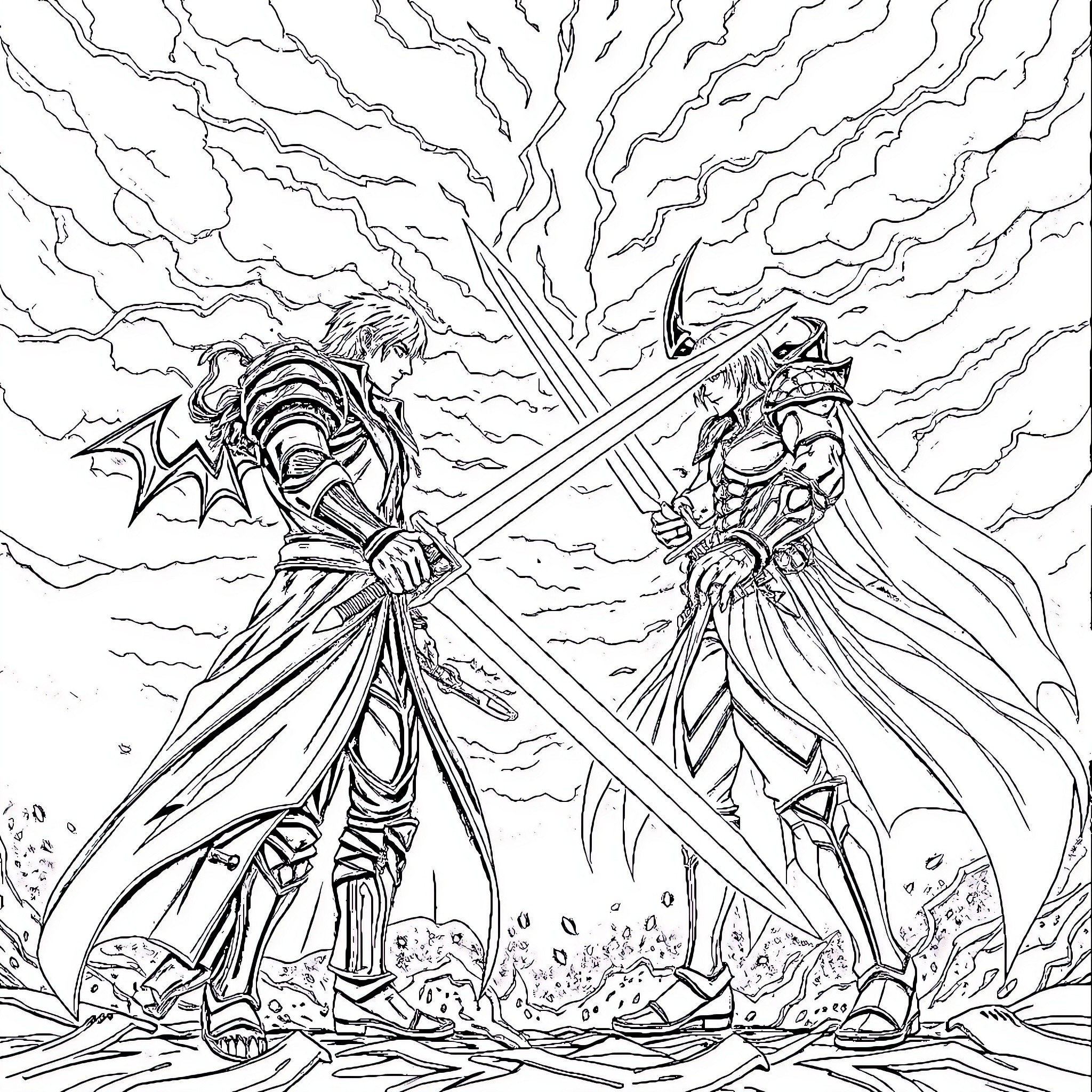 Dante's Clash of Swords and Armor Coloring Page (free black-and-white line drawing printable PDF for all, from beginners to advanced learners, including children, teens, adults, and seniors)